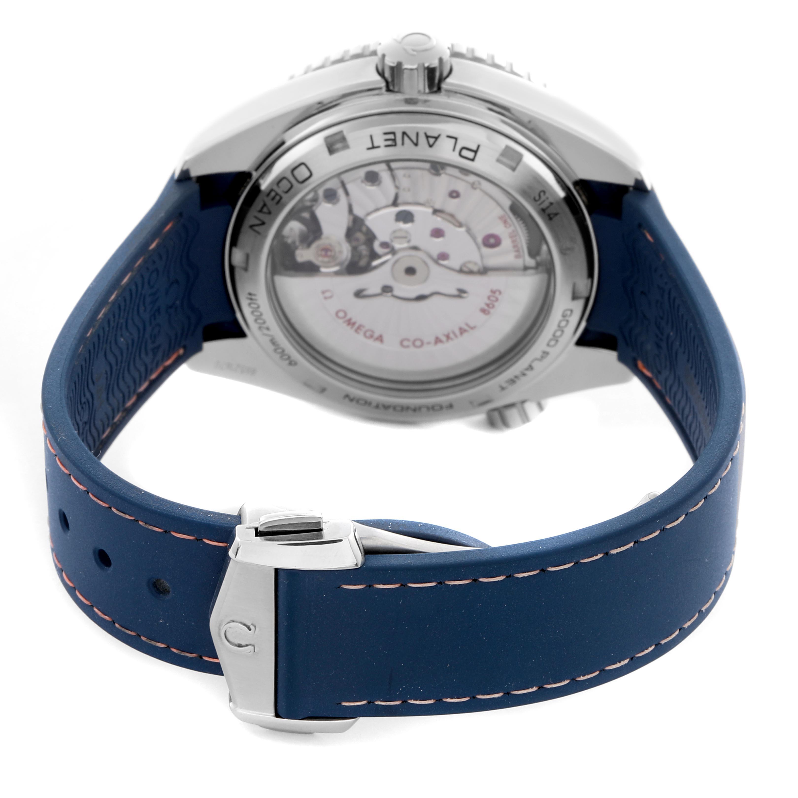 The image shows the back of an Omega Planet Ocean 232.32.44.22.03.001 Men's Stainless Steel Blue Dial 232.32.44.22.03.001 Men's Stainless Steel Blue Dial watch, highlighting the movement through the transparent case back and a blue strap.