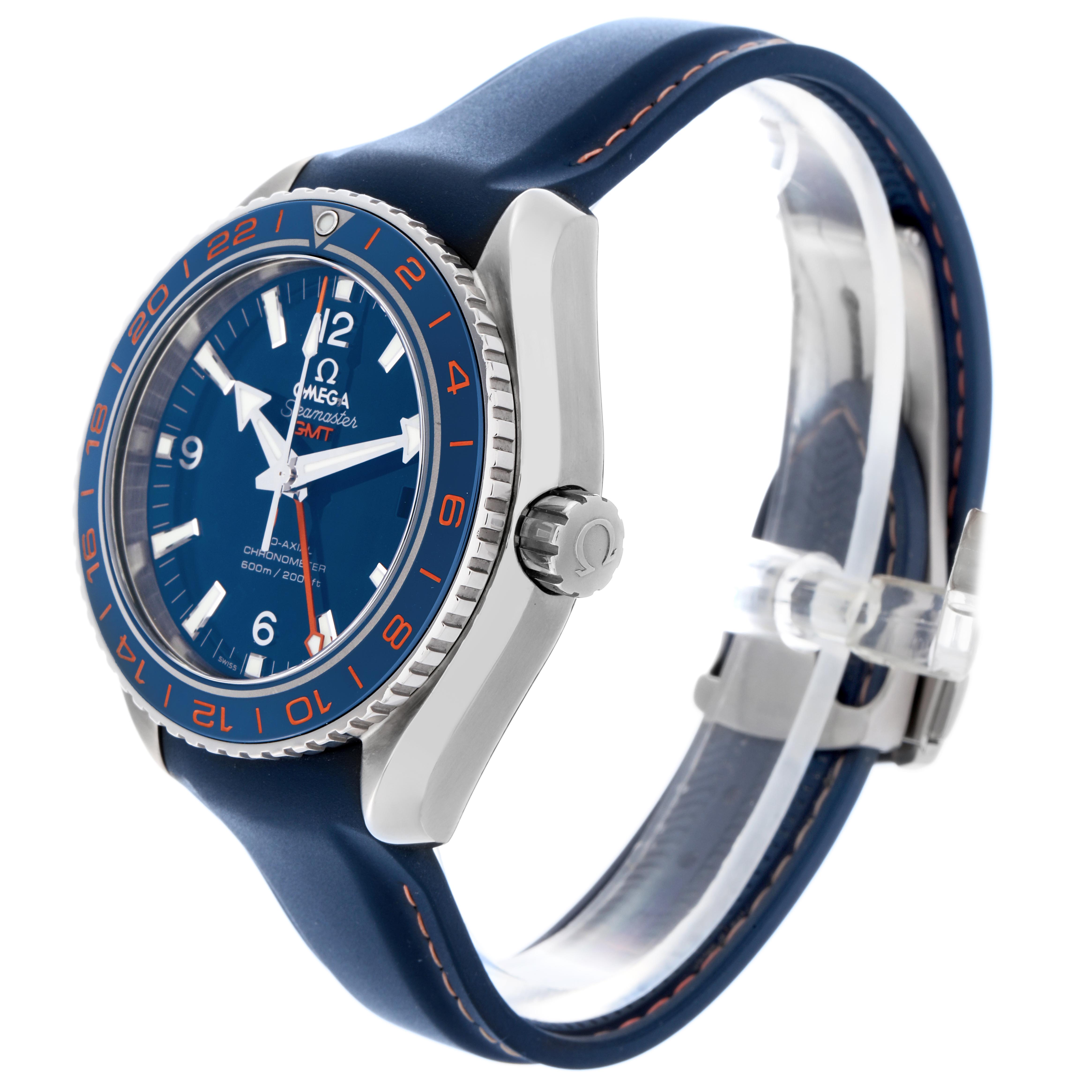 The Omega Planet Ocean 232.32.44.22.03.001 Men's Stainless Steel Blue Dial 232.32.44.22.03.001 Men's Stainless Steel Blue Dial model is shown from a three-quarter angle, highlighting the blue dial, bezel, case, and strap.