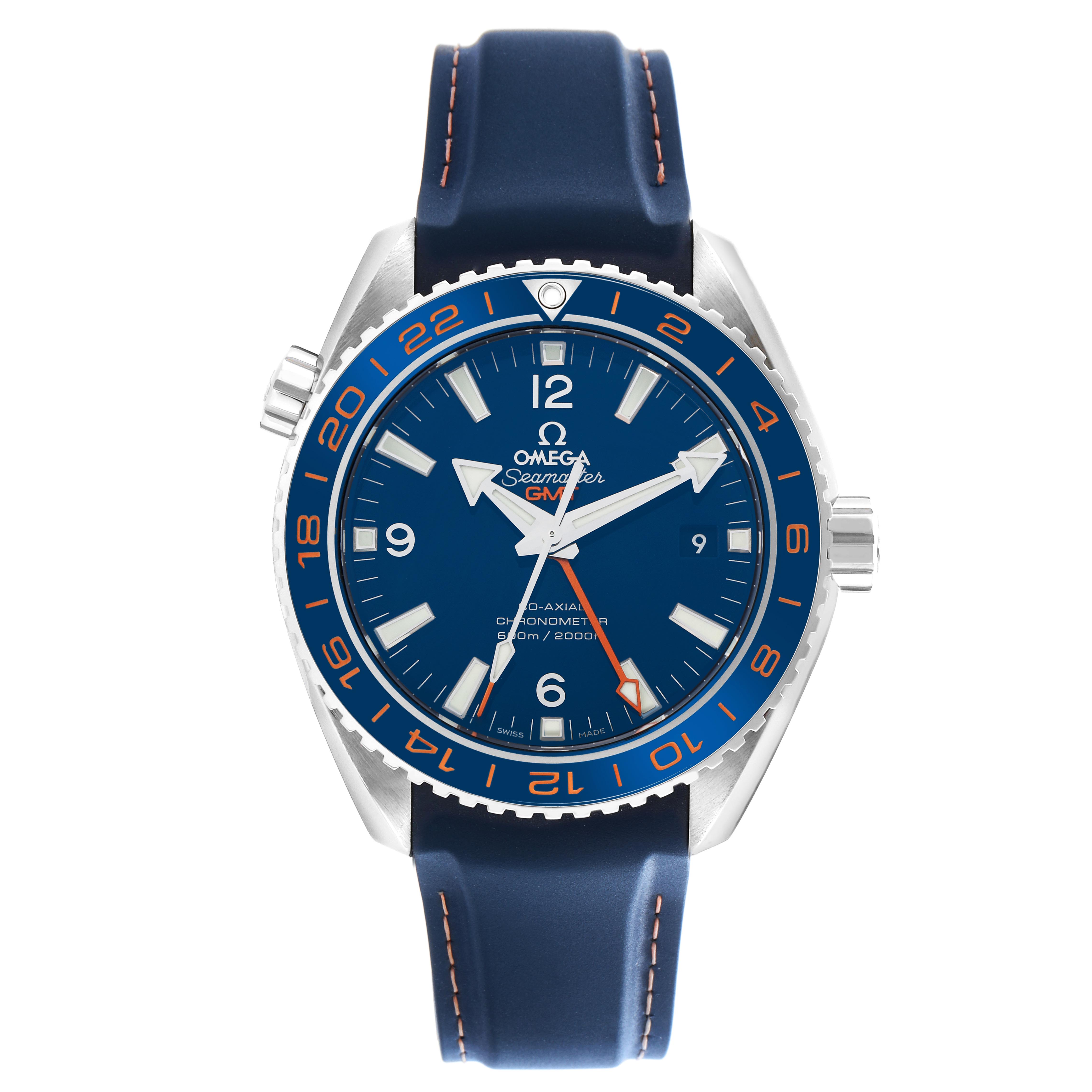 The Omega Planet Ocean 232.32.44.22.03.001 Men's Stainless Steel Blue Dial 232.32.44.22.03.001 Men's Stainless Steel Blue Dial watch is shown from the front, displaying its blue dial, bezel, and strap.