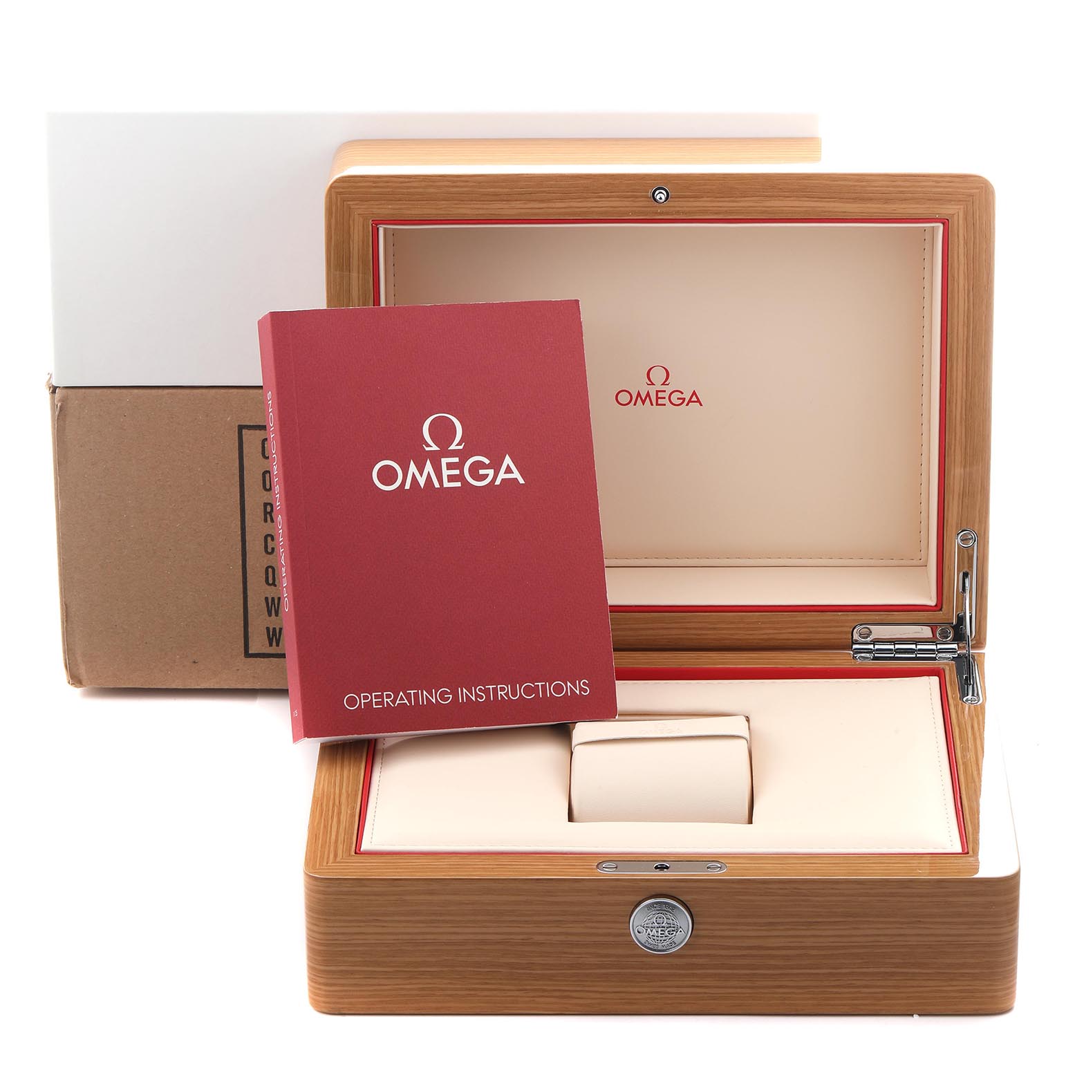 The image shows the Omega Planet Ocean 232.32.44.22.03.001 Men's Stainless Steel Blue Dial 232.32.44.22.03.001 Men's Stainless Steel Blue Dial watch box, display pillow, and operating instructions, with a lid partially open.