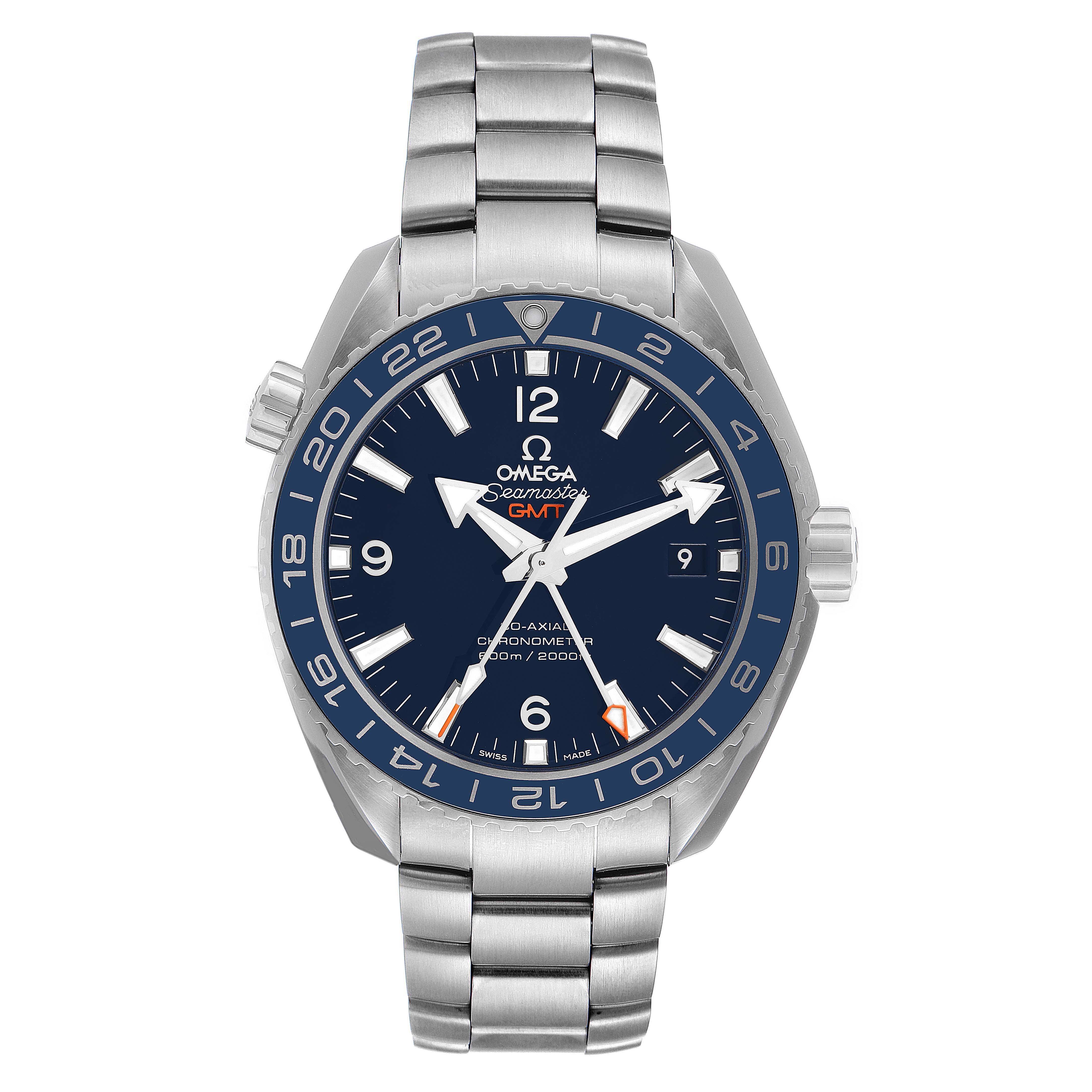 This image shows a front view of the Omega Planet Ocean 232.90.44.22.03.001 Men's Platinum Blue Dial 232.90.44.22.03.001 Men's Platinum Blue Dial watch, highlighting its dial, bezel, bracelet, and crown.