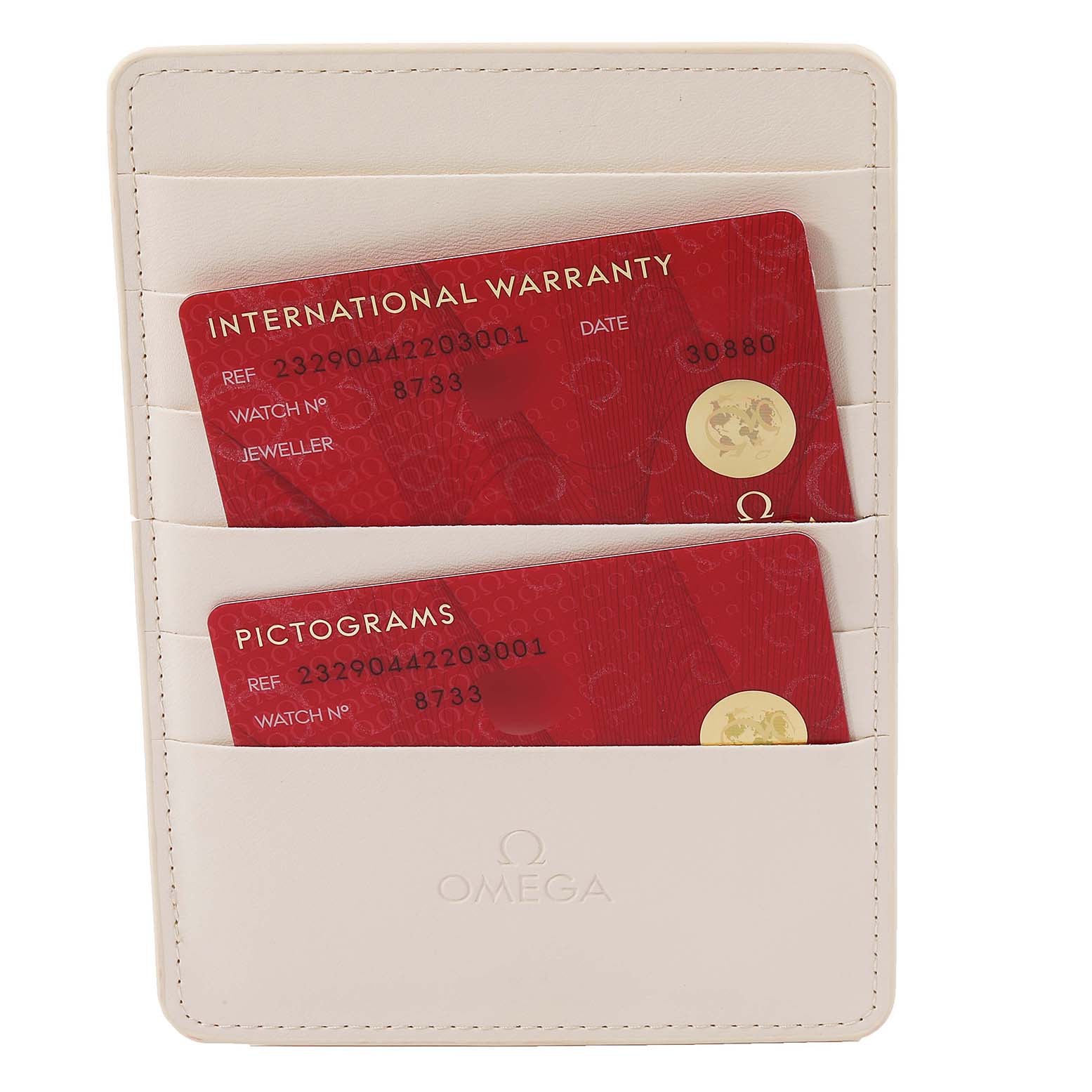 The image shows Omega Planet Ocean 232.90.44.22.03.001 Men's Platinum Blue Dial 232.90.44.22.03.001 Men's Platinum Blue Dial model's warranty and pictogram cards in a beige cardholder.