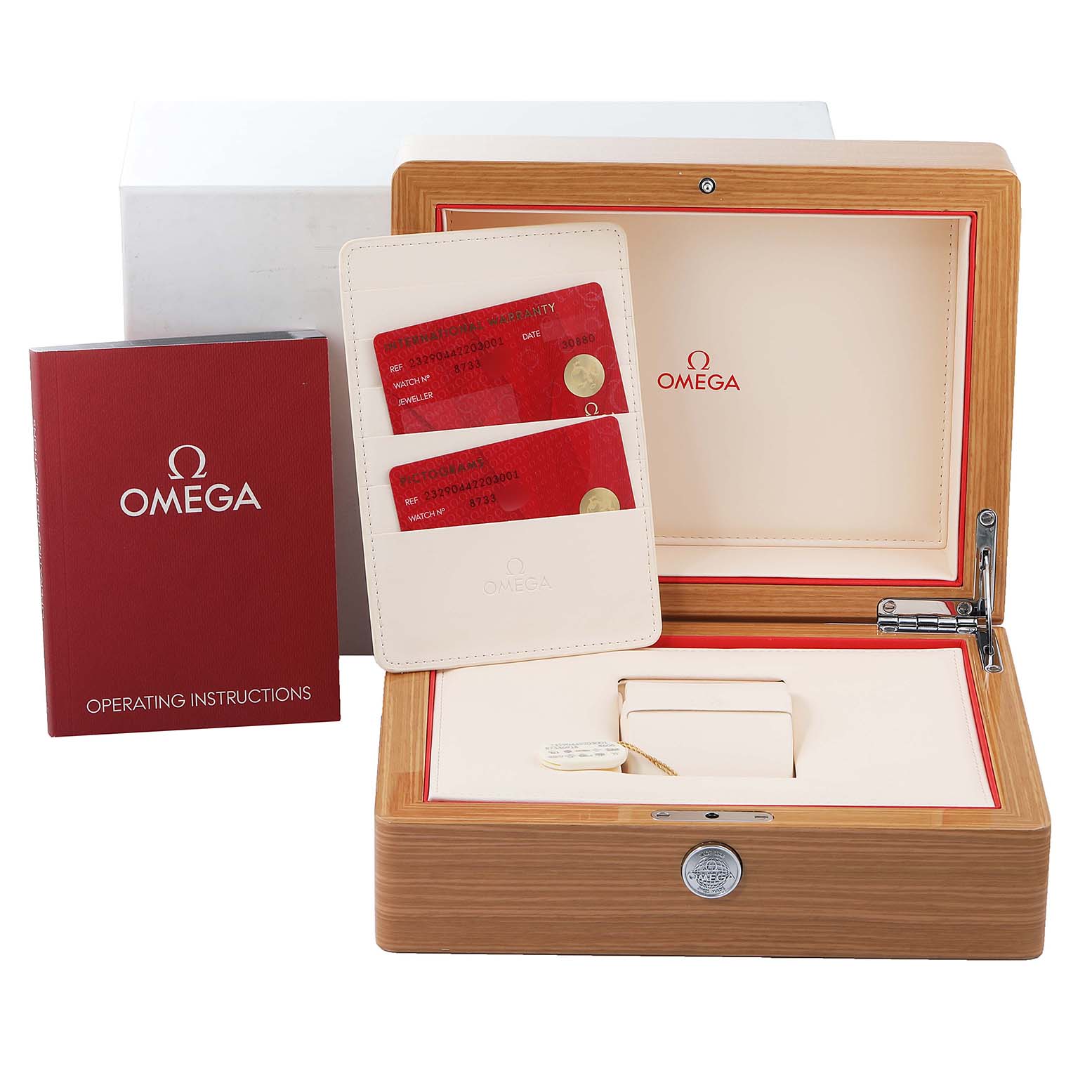 The image shows the open wooden box, warranty cards, and manual for the Omega Planet Ocean 232.90.44.22.03.001 Men's Platinum Blue Dial 232.90.44.22.03.001 Men's Platinum Blue Dial model.