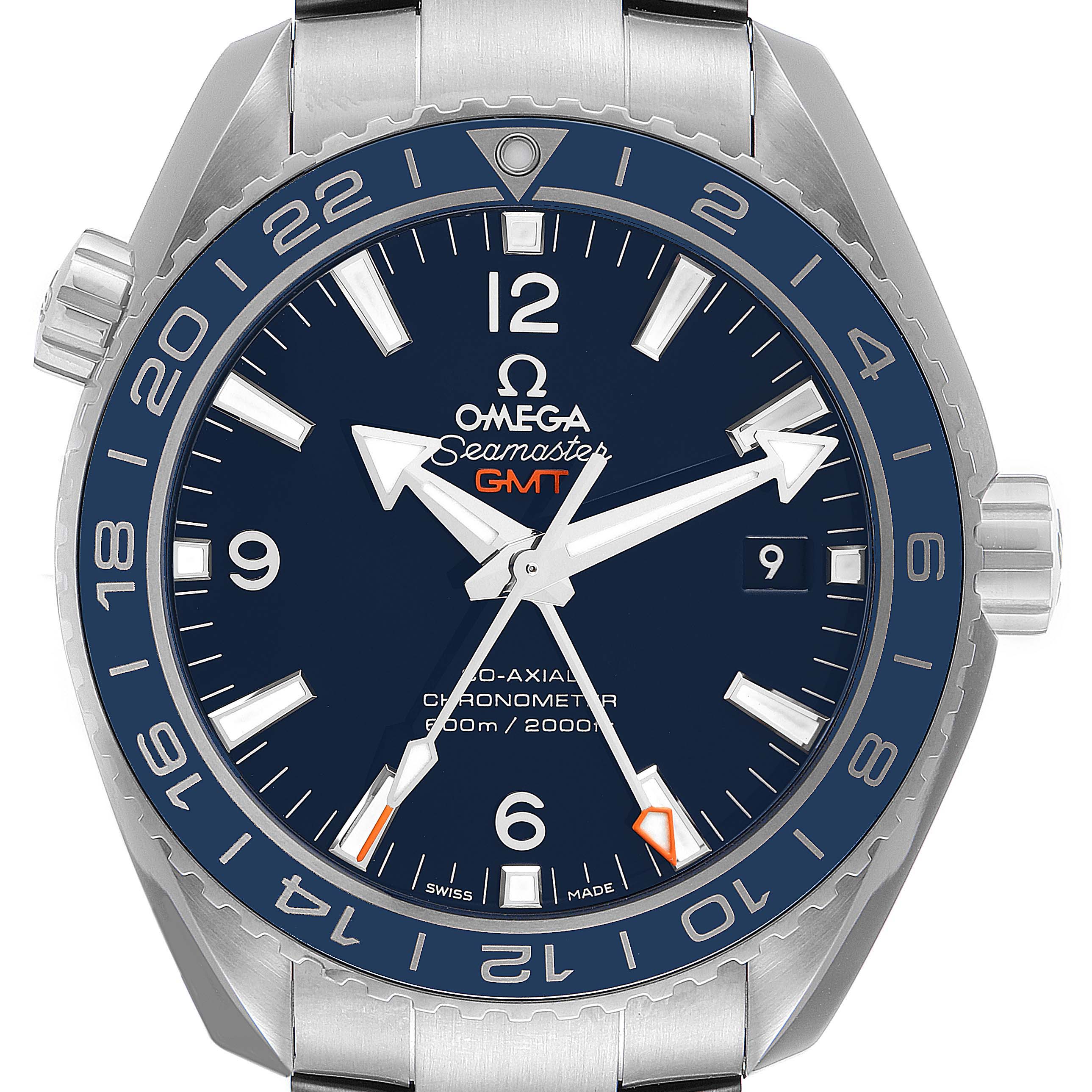 The image showcases a front view of the Omega Seamaster Planet Ocean GMT watch, highlighting its dial, bezel, and crown.