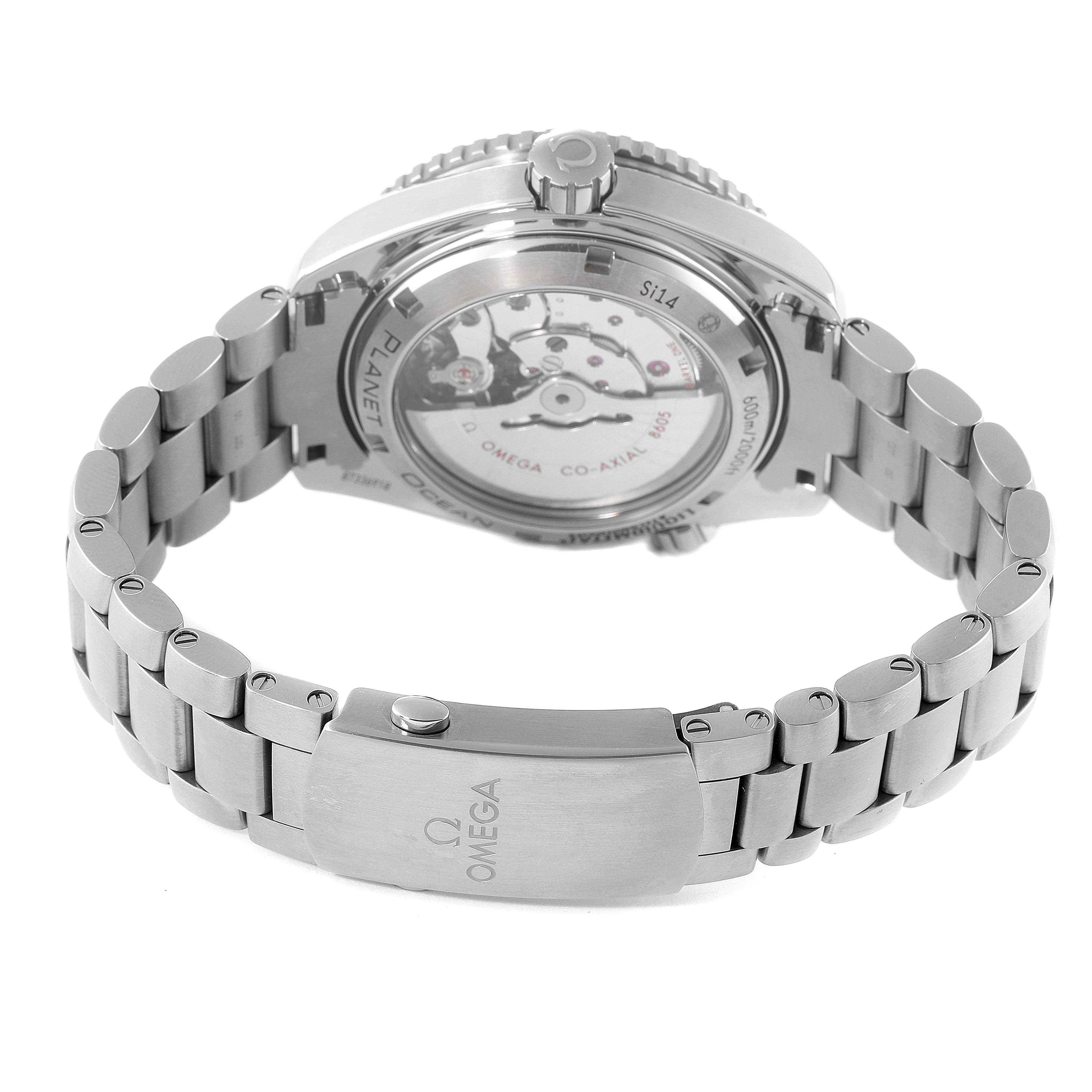 The image shows the back view of an Omega Planet Ocean 232.90.44.22.03.001 Men's Platinum Blue Dial 232.90.44.22.03.001 Men's Platinum Blue Dial watch, highlighting the bracelet, clasp, and transparent case back.