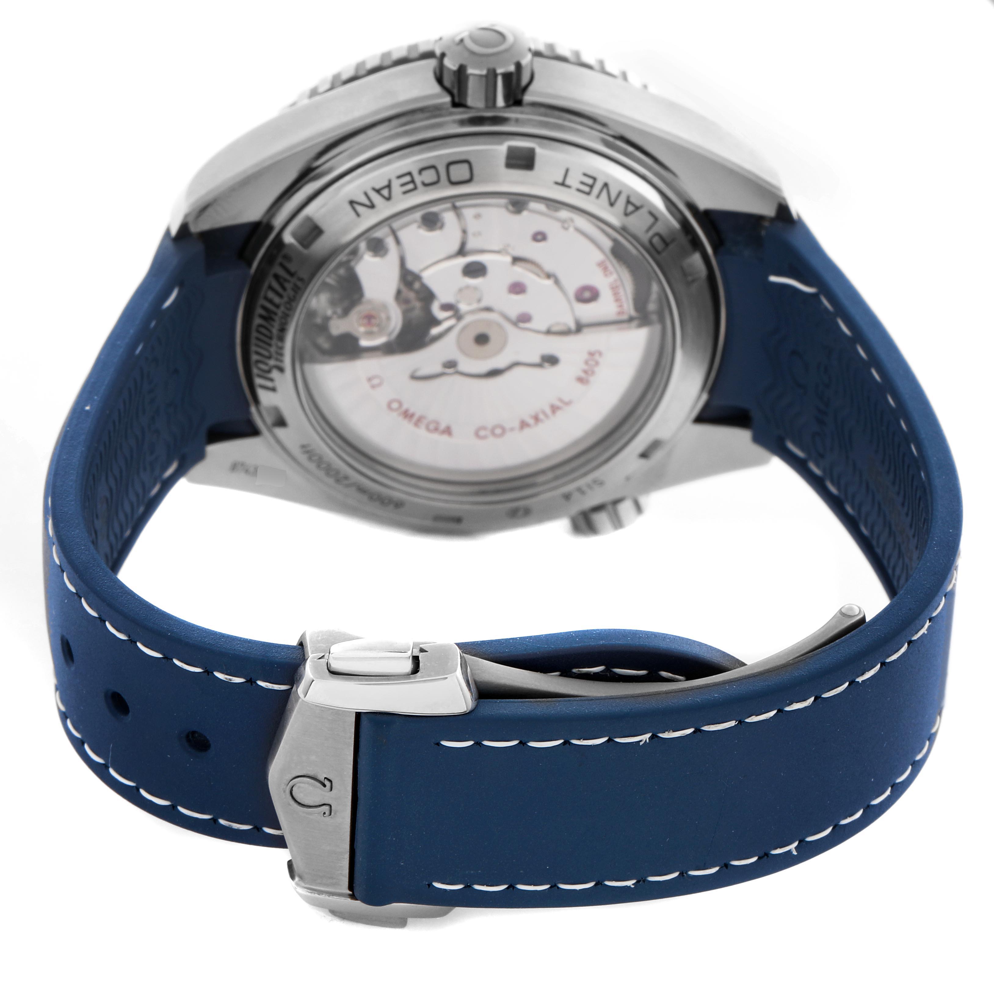 The Omega Planet Ocean 232.92.44.22.03.001 Men
s Stainless Steel Blue Dial 232.92.44.22.03.001 Men
s Stainless Steel Blue Dial watch is shown from the back, highlighting the transparent case back and blue strap with a clasp.