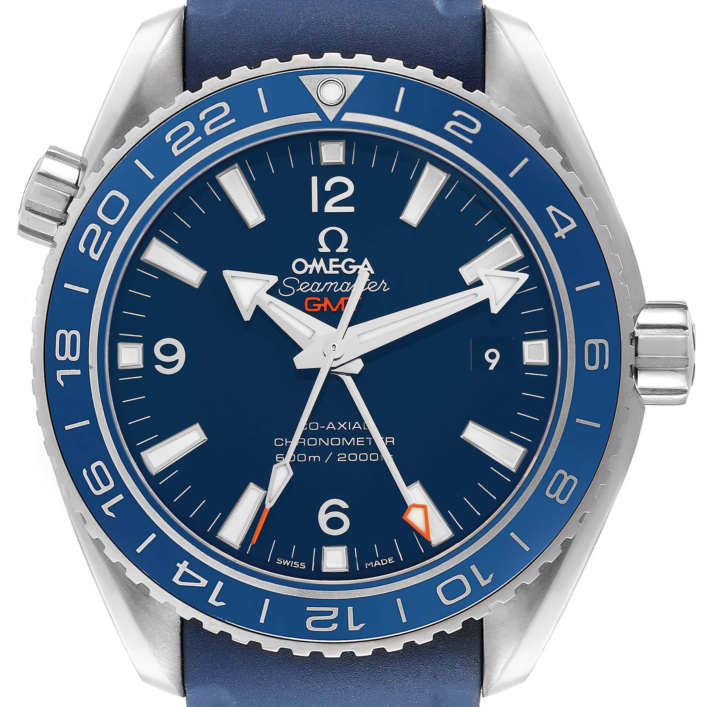 The Omega Planet Ocean 232.92.44.22.03.001 Men
s Stainless Steel Blue Dial 232.92.44.22.03.001 Men
s Stainless Steel Blue Dial watch is shown from the front, highlighting the dial, bezel, and crown.