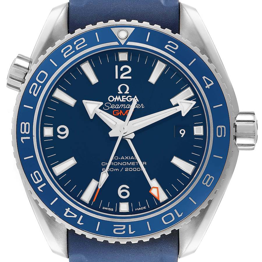 The Omega Planet Ocean watch is shown from the front, highlighting the dial, bezel, and crown.