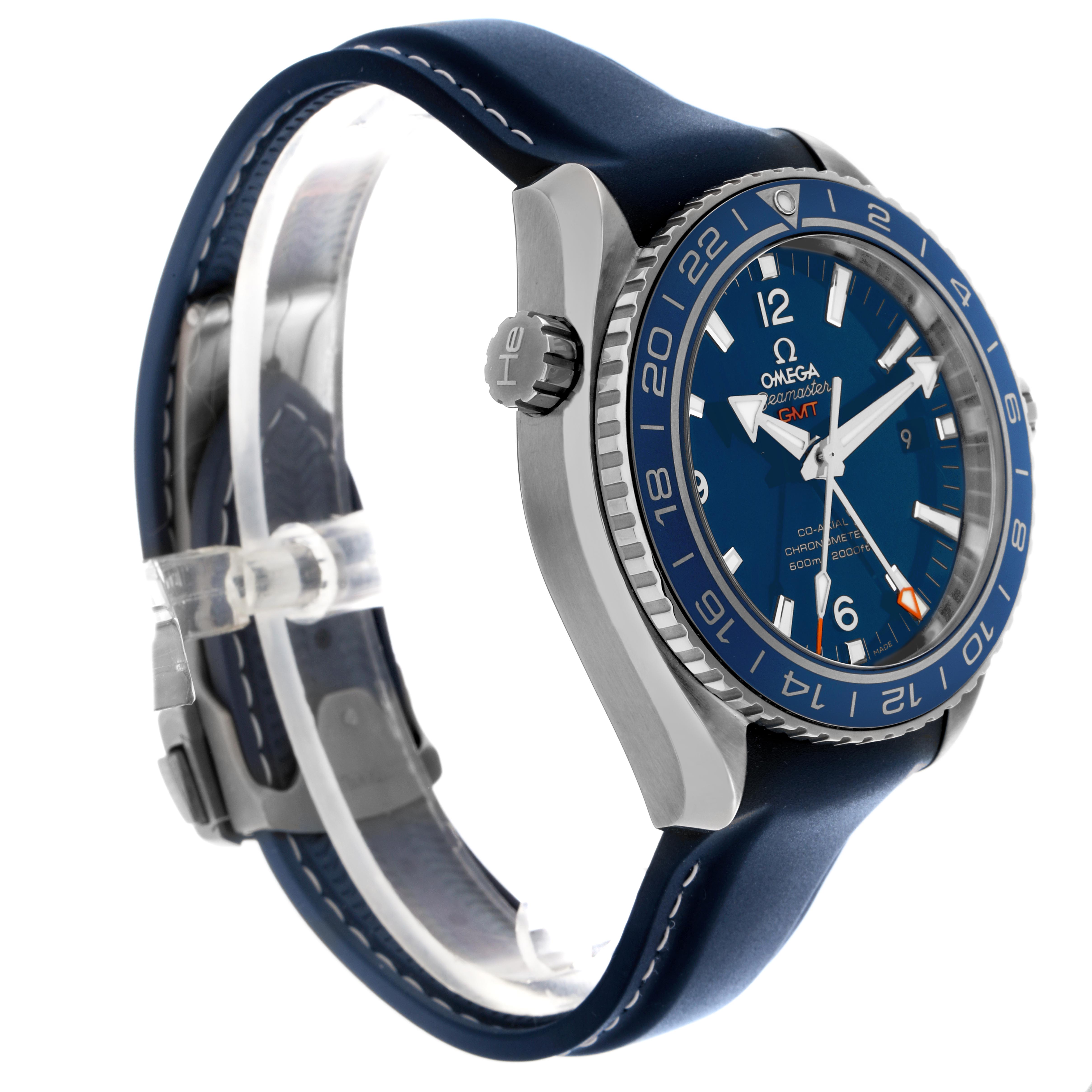The Omega Planet Ocean 232.92.44.22.03.001 Men
s Stainless Steel Blue Dial 232.92.44.22.03.001 Men
s Stainless Steel Blue Dial watch is shown at a slight side angle, highlighting the dial, bezel, and strap.