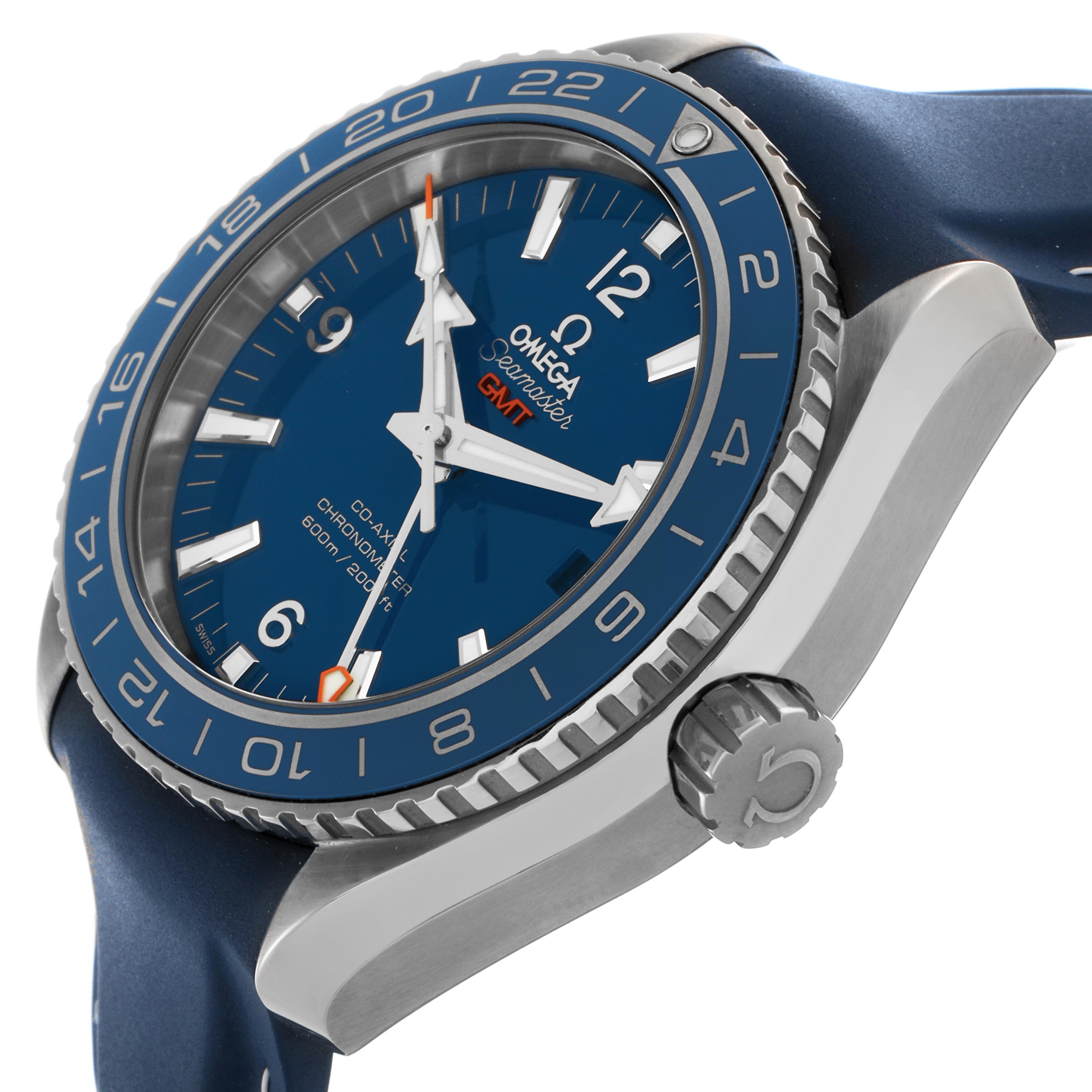 The Omega Planet Ocean 232.92.44.22.03.001 Men
s Stainless Steel Blue Dial 232.92.44.22.03.001 Men
s Stainless Steel Blue Dial watch is shown from an angled side view, highlighting the bezel, crown, and part of the strap.