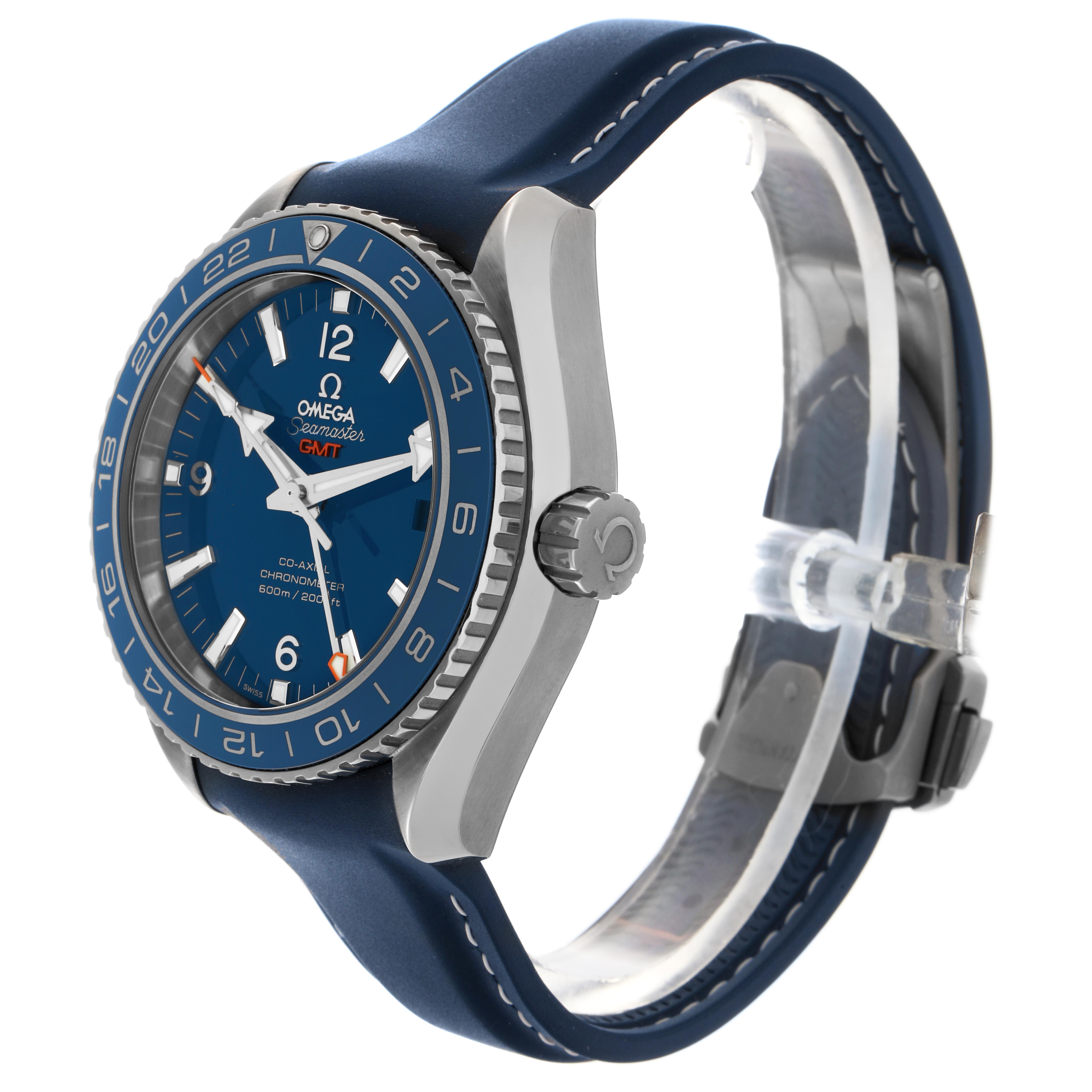 The Omega Planet Ocean 232.92.44.22.03.001 Men
s Stainless Steel Blue Dial 232.92.44.22.03.001 Men
s Stainless Steel Blue Dial watch is shown at a slight side angle, displaying the face, bezel, and part of the strap.
