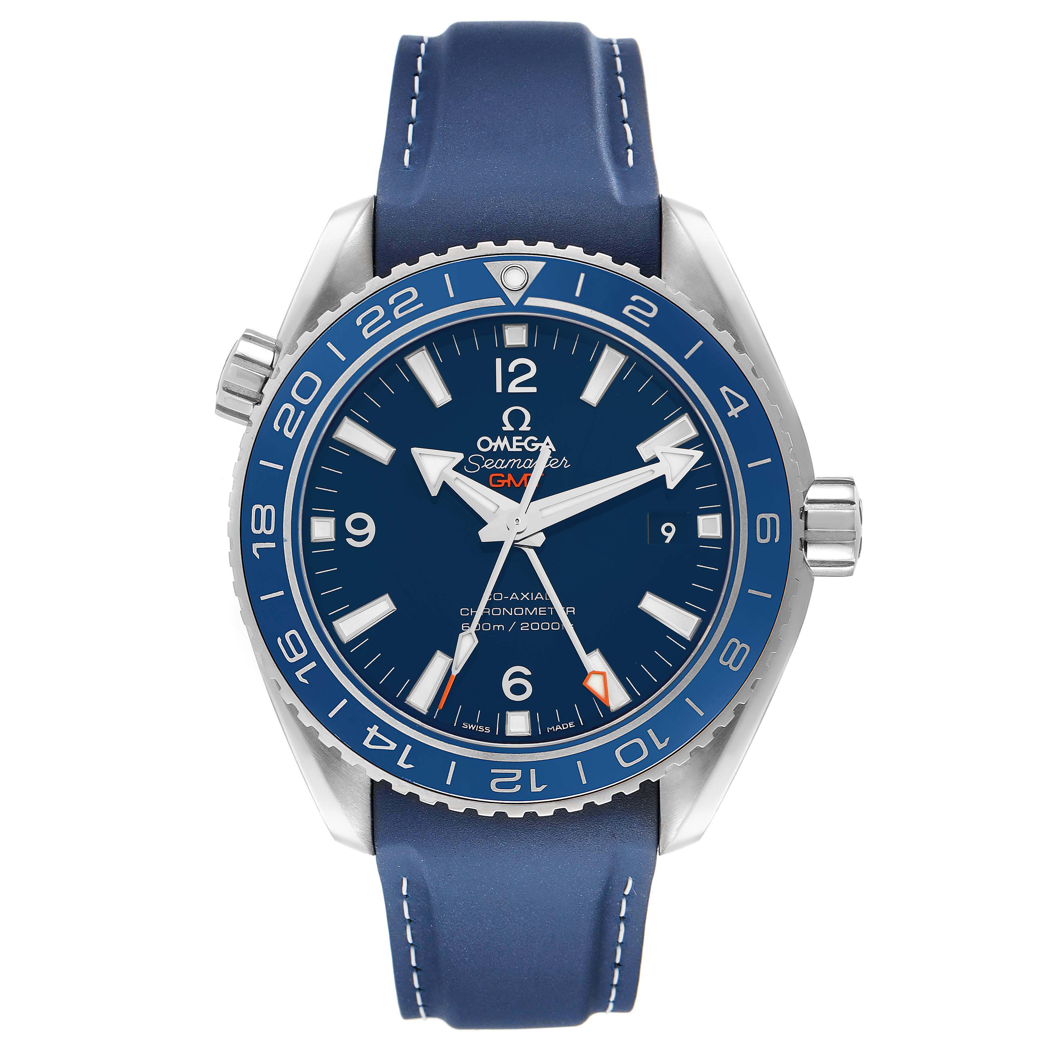 The Omega Planet Ocean 232.92.44.22.03.001 Men
s Stainless Steel Blue Dial 232.92.44.22.03.001 Men
s Stainless Steel Blue Dial watch is shown from the front, featuring the dial, bezel, and strap.