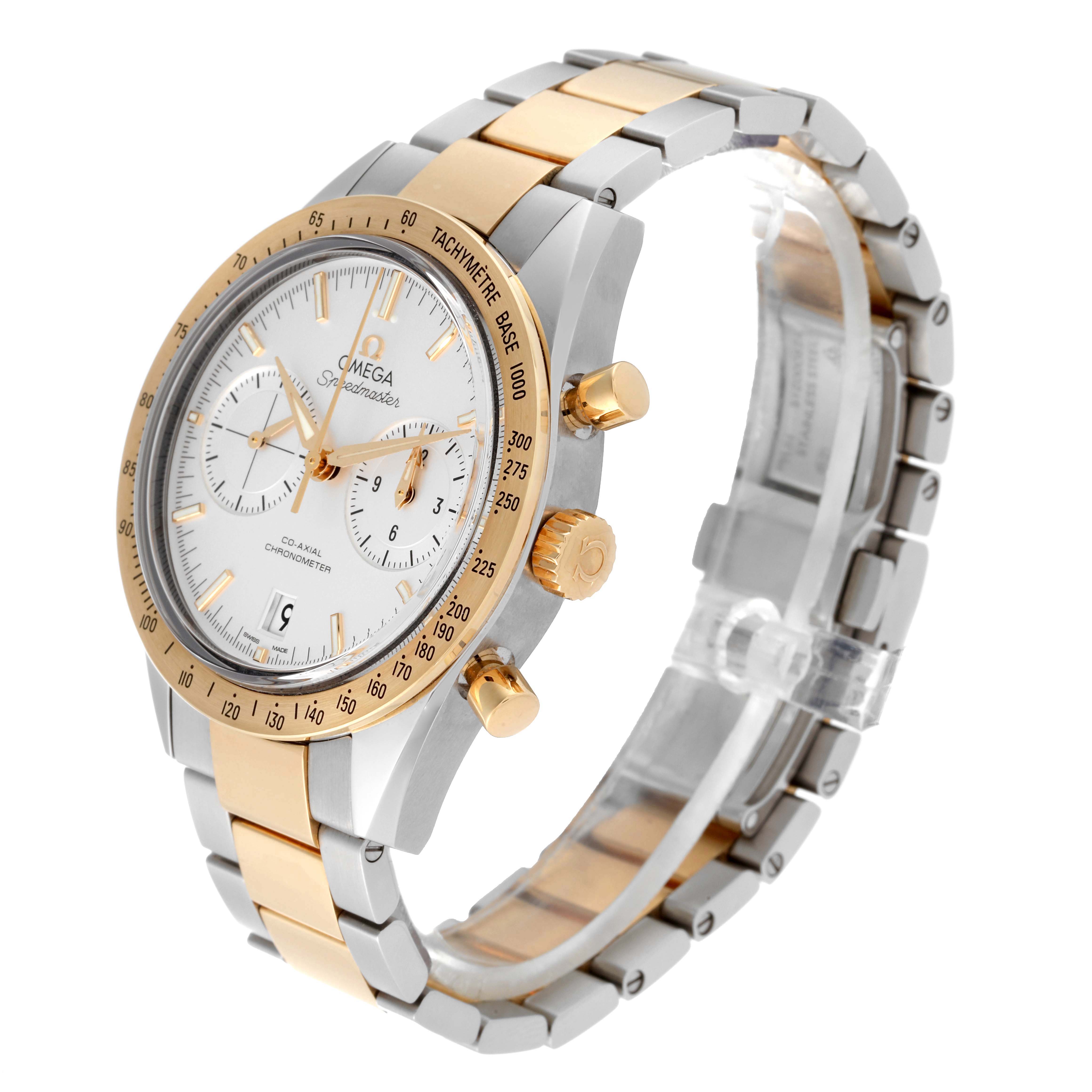 The image shows an angled view of the Omega Speedmaster 331.20.42.51.02.001 Men's Steel and Gold (two tone) Silver Dial 331.20.42.51.02.001 Men's Steel and Gold (two tone) Silver Dial watch, featuring a silver and gold-toned bracelet and bezel.