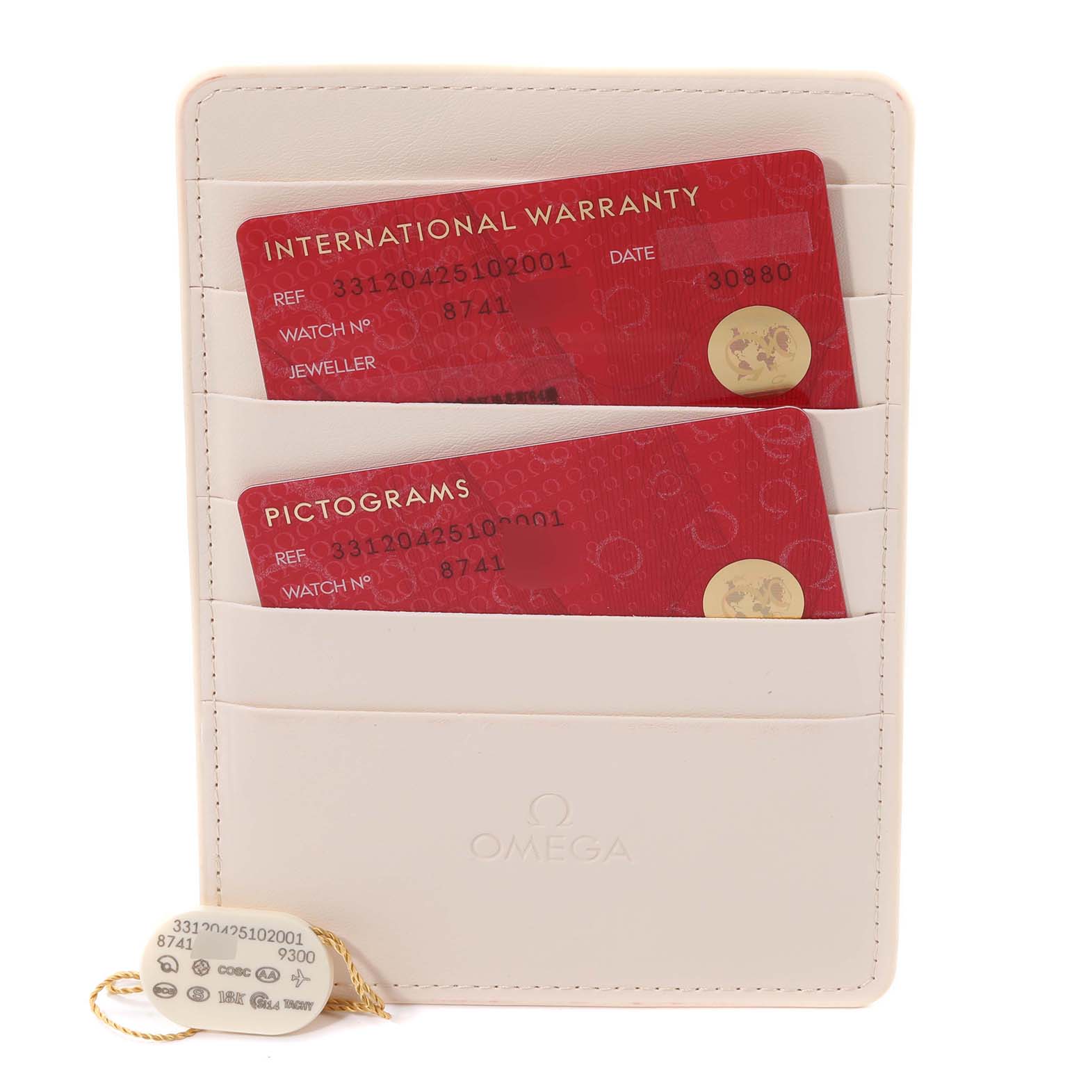 The image shows the warranty cards and accessories for an Omega Speedmaster 331.20.42.51.02.001 Men's Steel and Gold (two tone) Silver Dial 331.20.42.51.02.001 Men's Steel and Gold (two tone) Silver Dial watch.