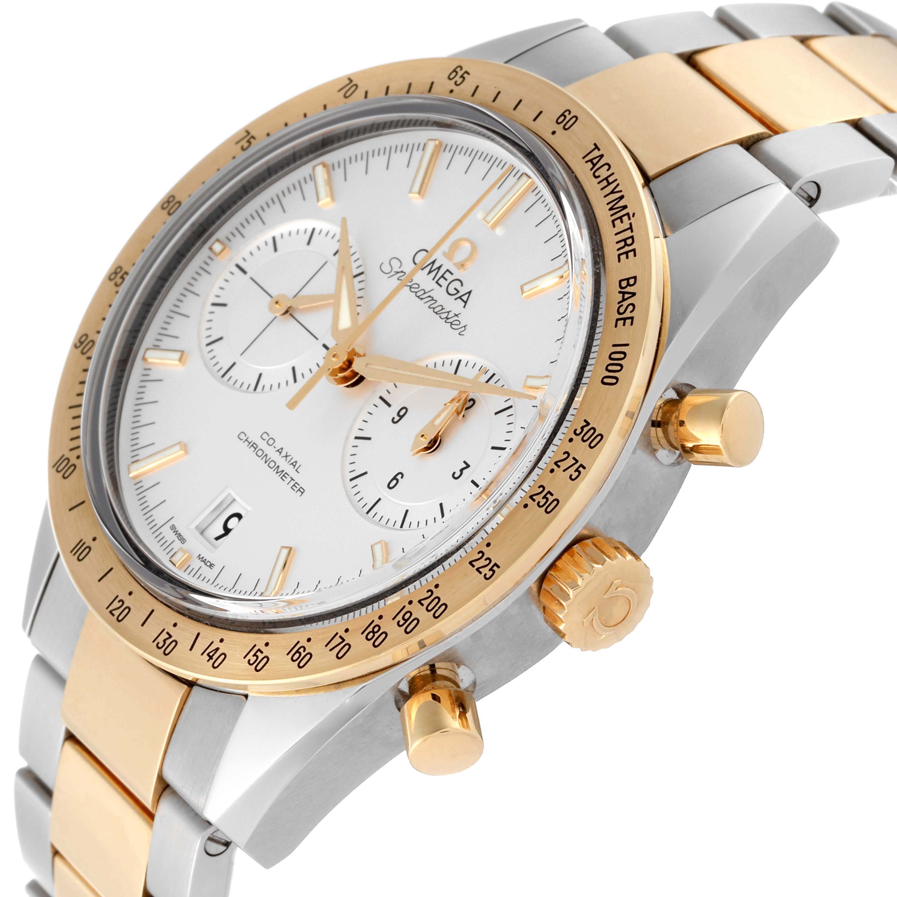 This Omega Speedmaster 331.20.42.51.02.001 Men's Steel and Gold (two tone) Silver Dial 331.20.42.51.02.001 Men's Steel and Gold (two tone) Silver Dial watch is shown at an oblique angle, highlighting its dial, bezel, crown, and chronograph pushers.