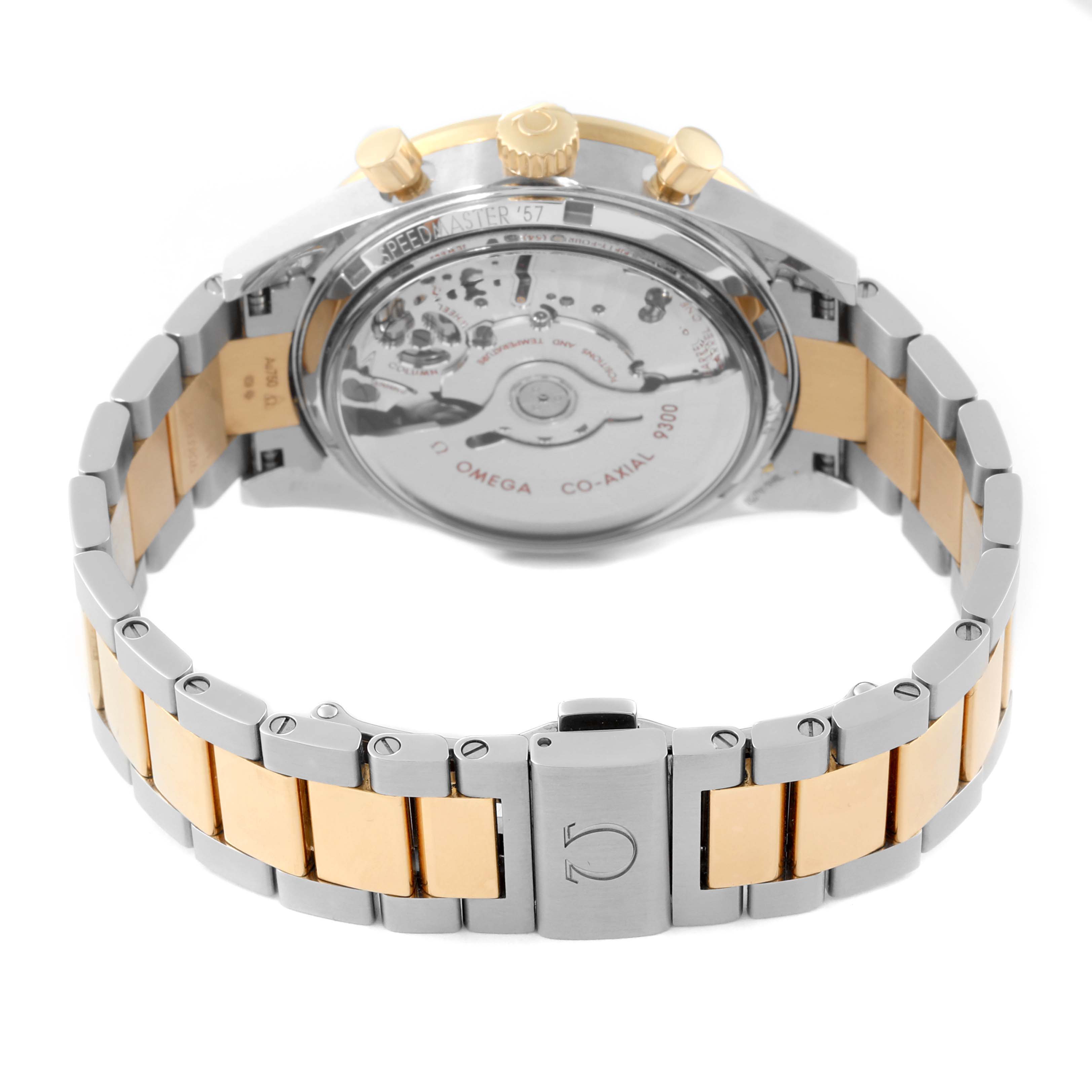 The image shows the back view of the Omega Speedmaster 331.20.42.51.02.001 Men's Steel and Gold (two tone) Silver Dial 331.20.42.51.02.001 Men's Steel and Gold (two tone) Silver Dial watch, displaying its transparent case back and metal bracelet.