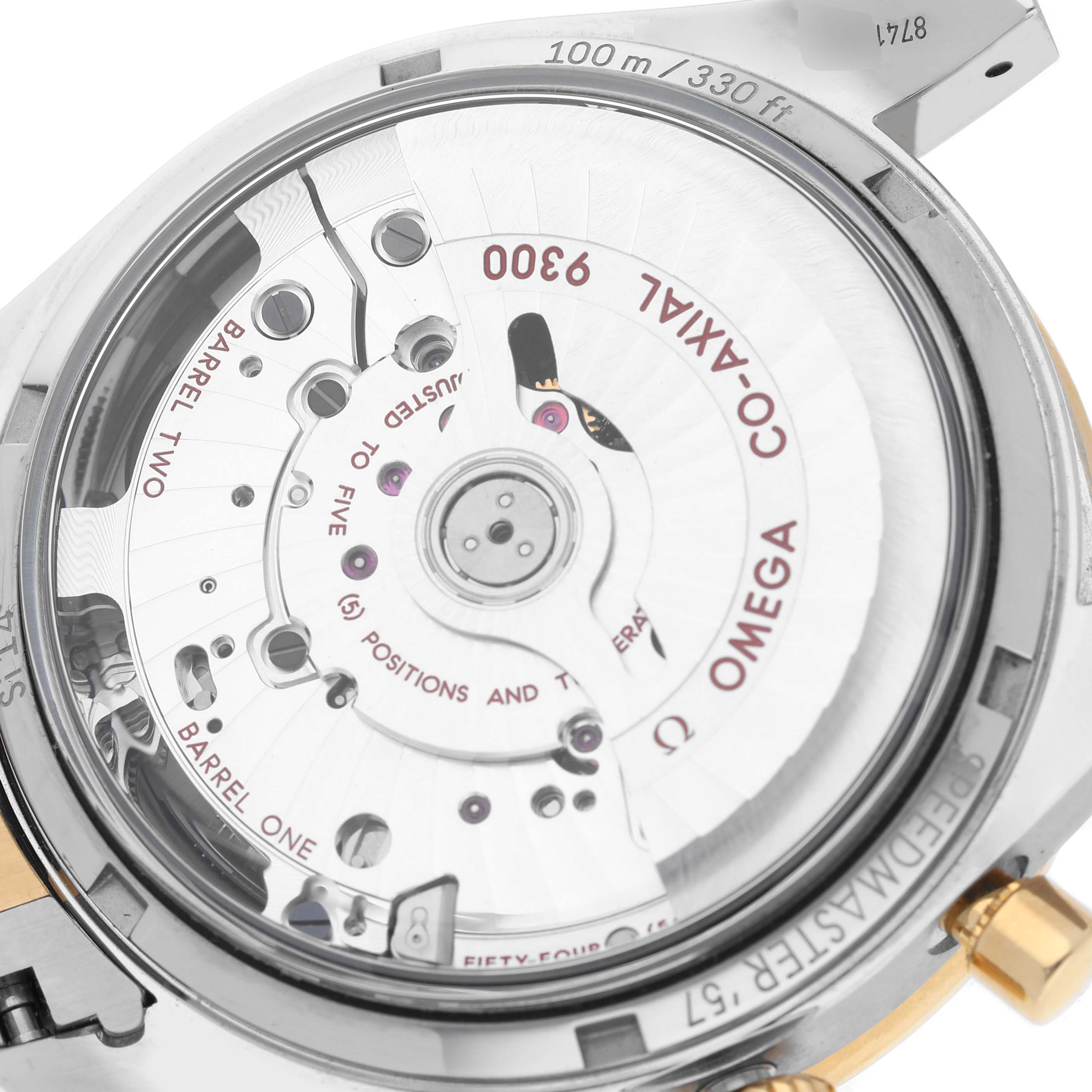 The image shows a close-up of the back view of an Omega Speedmaster 331.20.42.51.02.001 Men's Steel and Gold (two tone) Silver Dial 331.20.42.51.02.001 Men's Steel and Gold (two tone) Silver Dial, highlighting the Co-Axial 9300 movement.