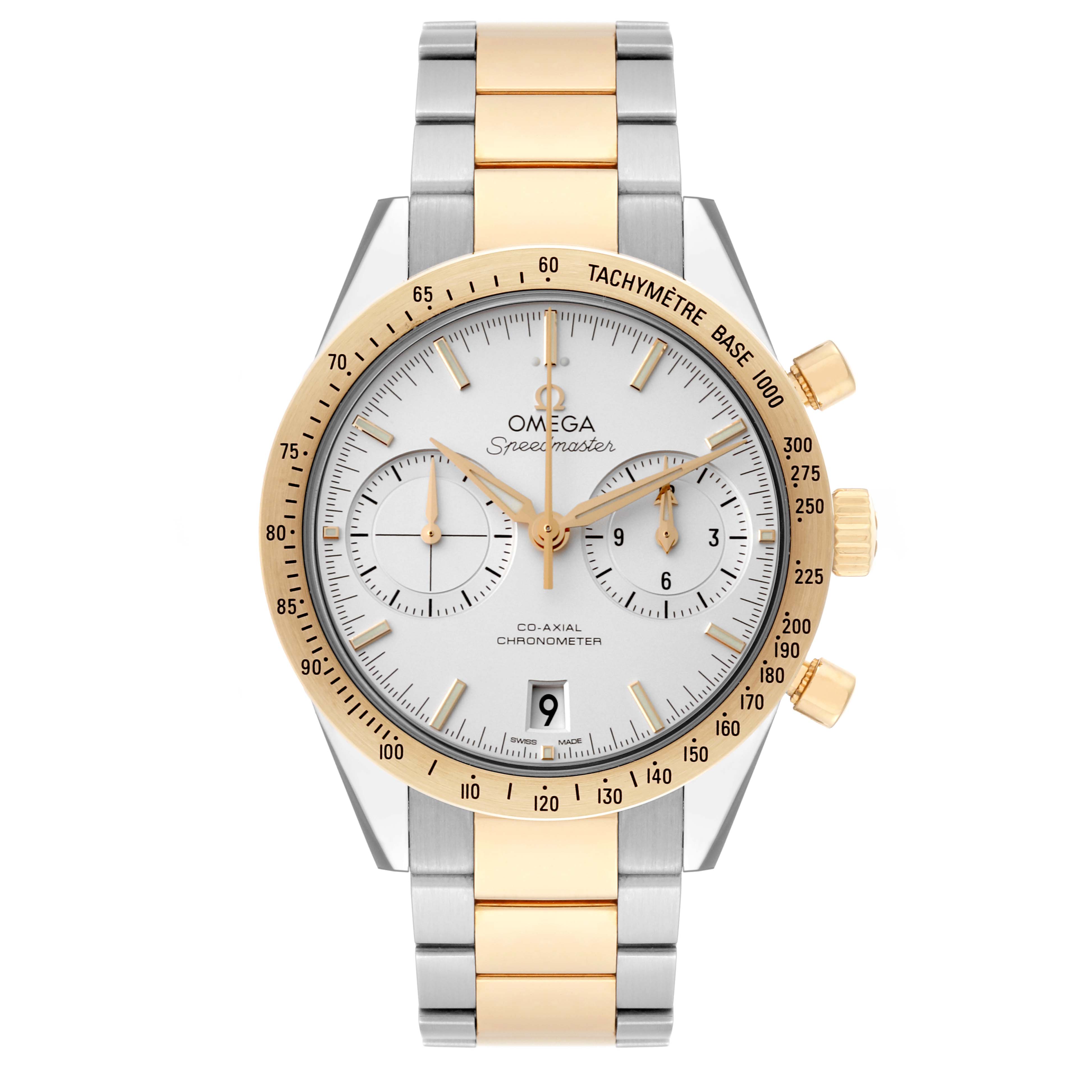 The Omega Speedmaster 331.20.42.51.02.001 Men's Steel and Gold (two tone) Silver Dial 331.20.42.51.02.001 Men's Steel and Gold (two tone) Silver Dial watch is shown from a front angle, displaying its face, bezel, and stainless steel and gold bracelet.