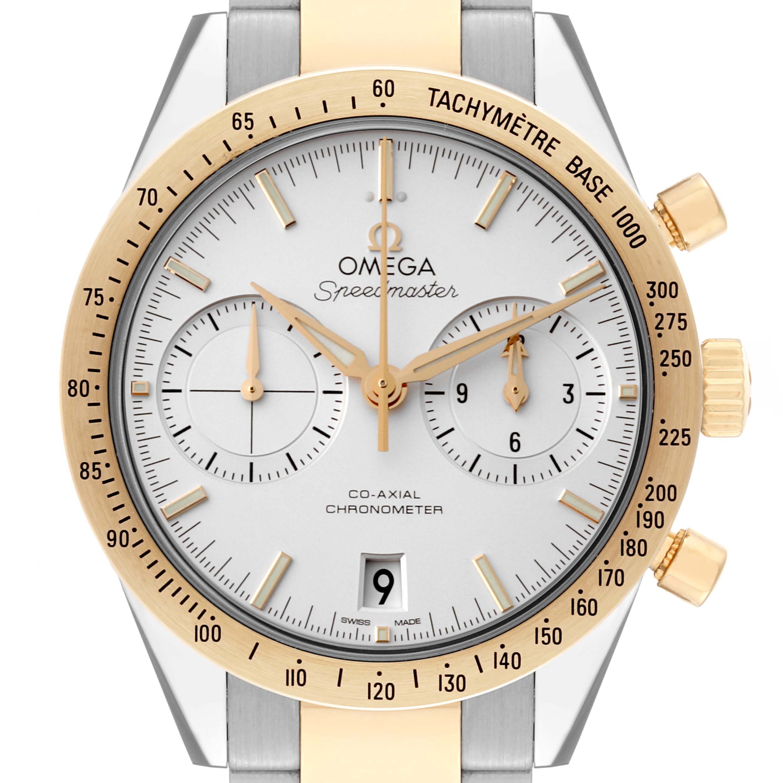 The Omega Speedmaster 331.20.42.51.02.001 Men's Steel and Gold (two tone) Silver Dial 331.20.42.51.02.001 Men's Steel and Gold (two tone) Silver Dial watch is shown from a front angle, highlighting its dial, subdials, and tachymeter bezel.