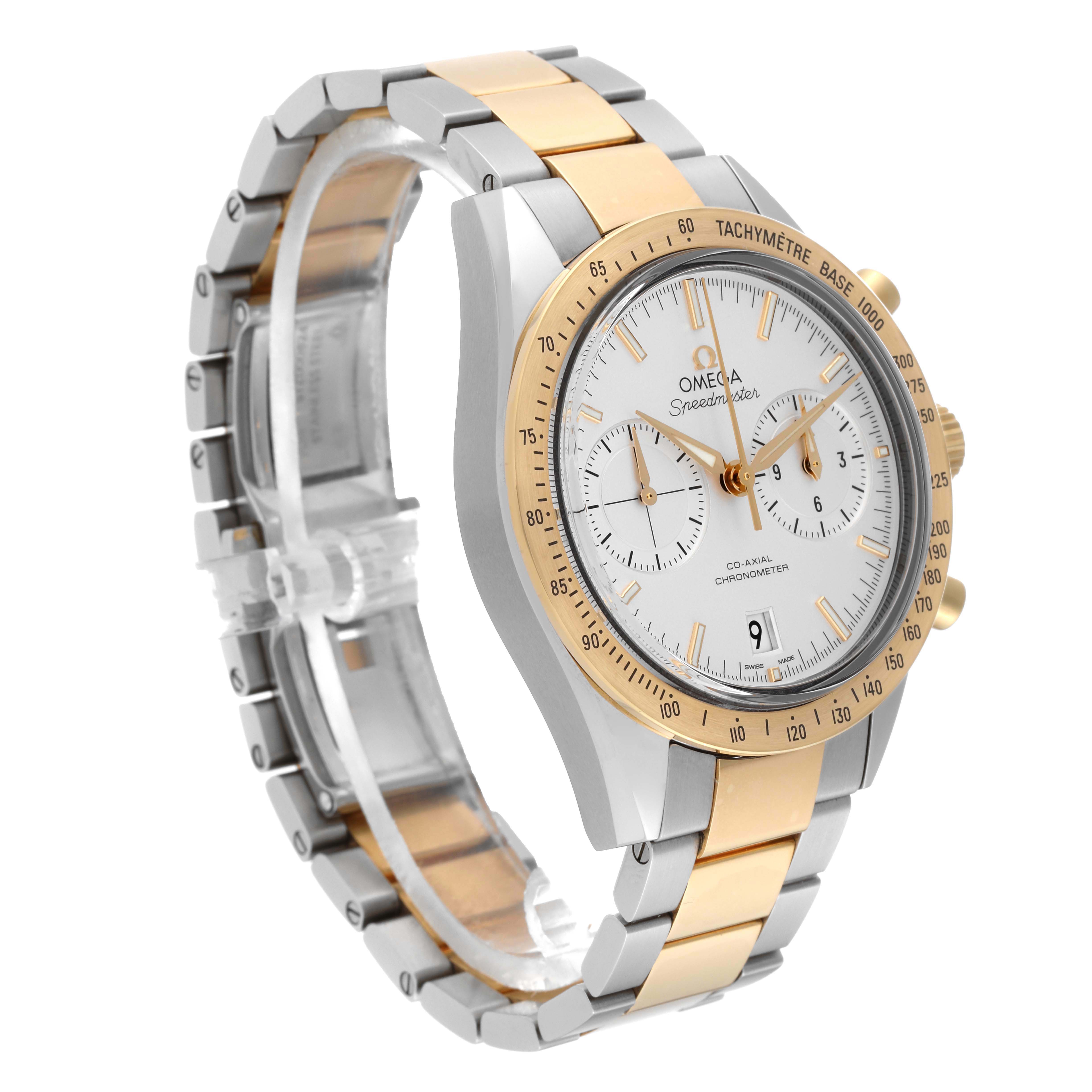 The Omega Speedmaster 331.20.42.51.02.001 Men's Steel and Gold (two tone) Silver Dial 331.20.42.51.02.001 Men's Steel and Gold (two tone) Silver Dial watch is shown from an angled front view, highlighting the face, bezel, and two-tone bracelet.