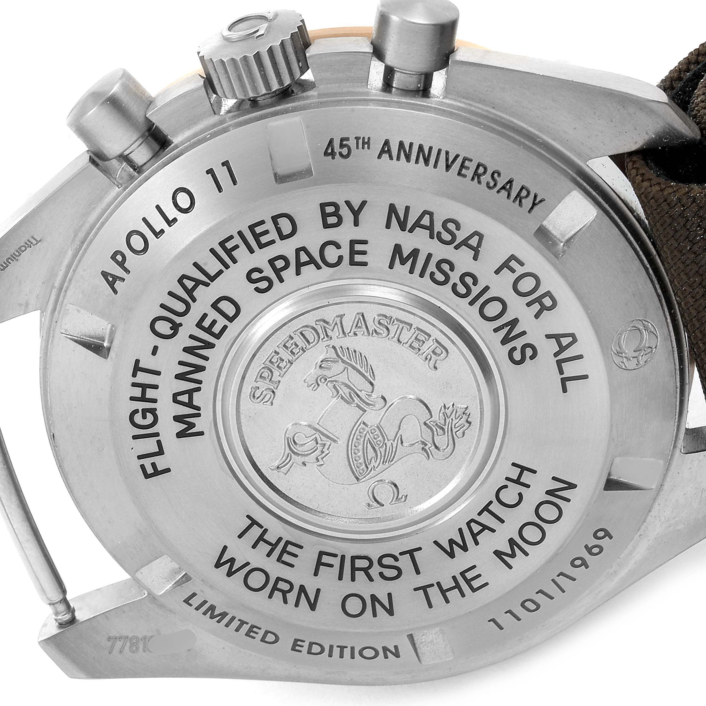 This image shows the back case of an Omega Speedmaster 311.62.42.30.06.001 Men's Titanium Grey Dial 311.62.42.30.06.001 Men's Titanium Grey Dial watch, highlighting its Apollo 11 45th Anniversary engraving.