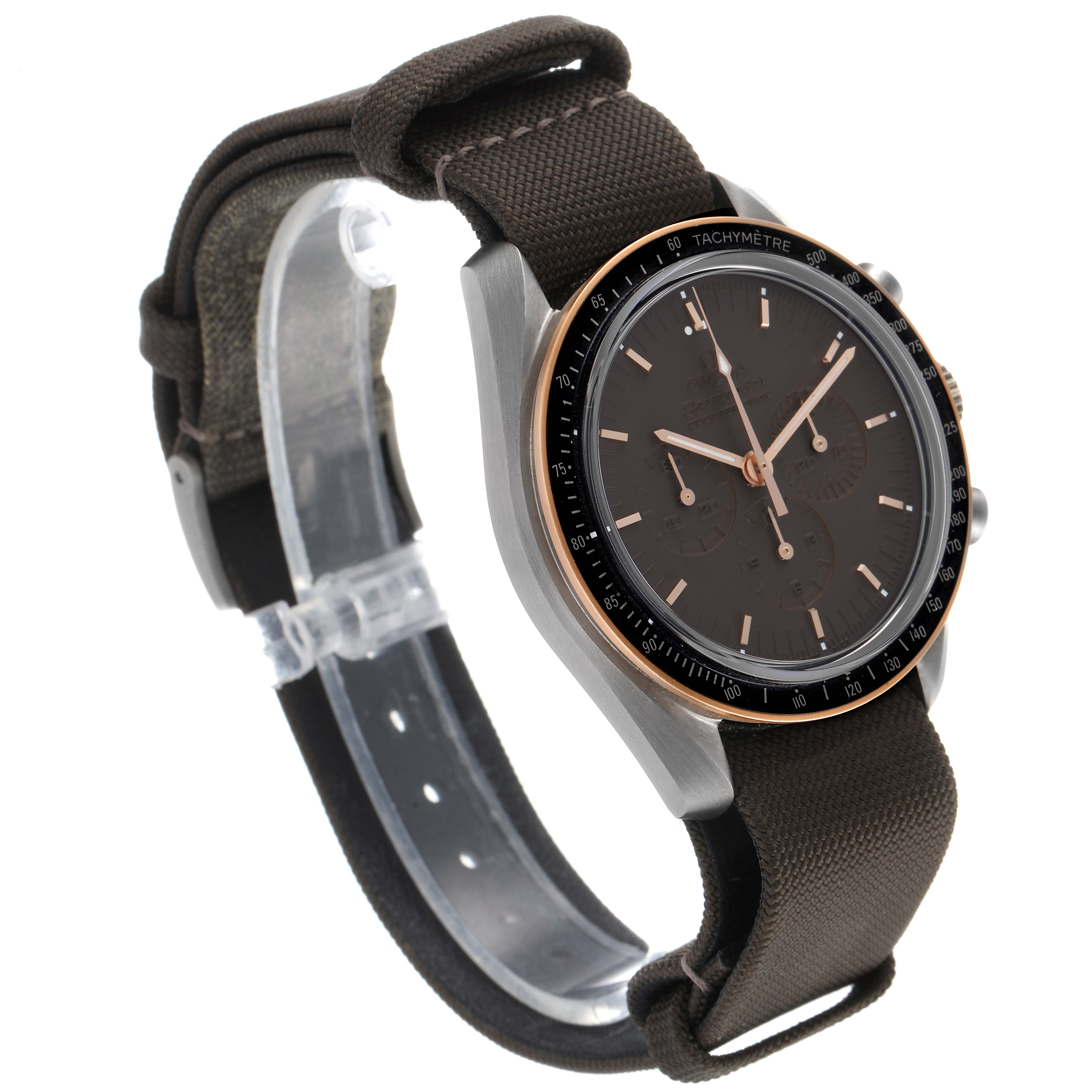 The image shows the Omega Speedmaster 311.62.42.30.06.001 Men's Titanium Grey Dial 311.62.42.30.06.001 Men's Titanium Grey Dial watch at a three-quarter angle, highlighting the watch face, tachymeter bezel, and strap.