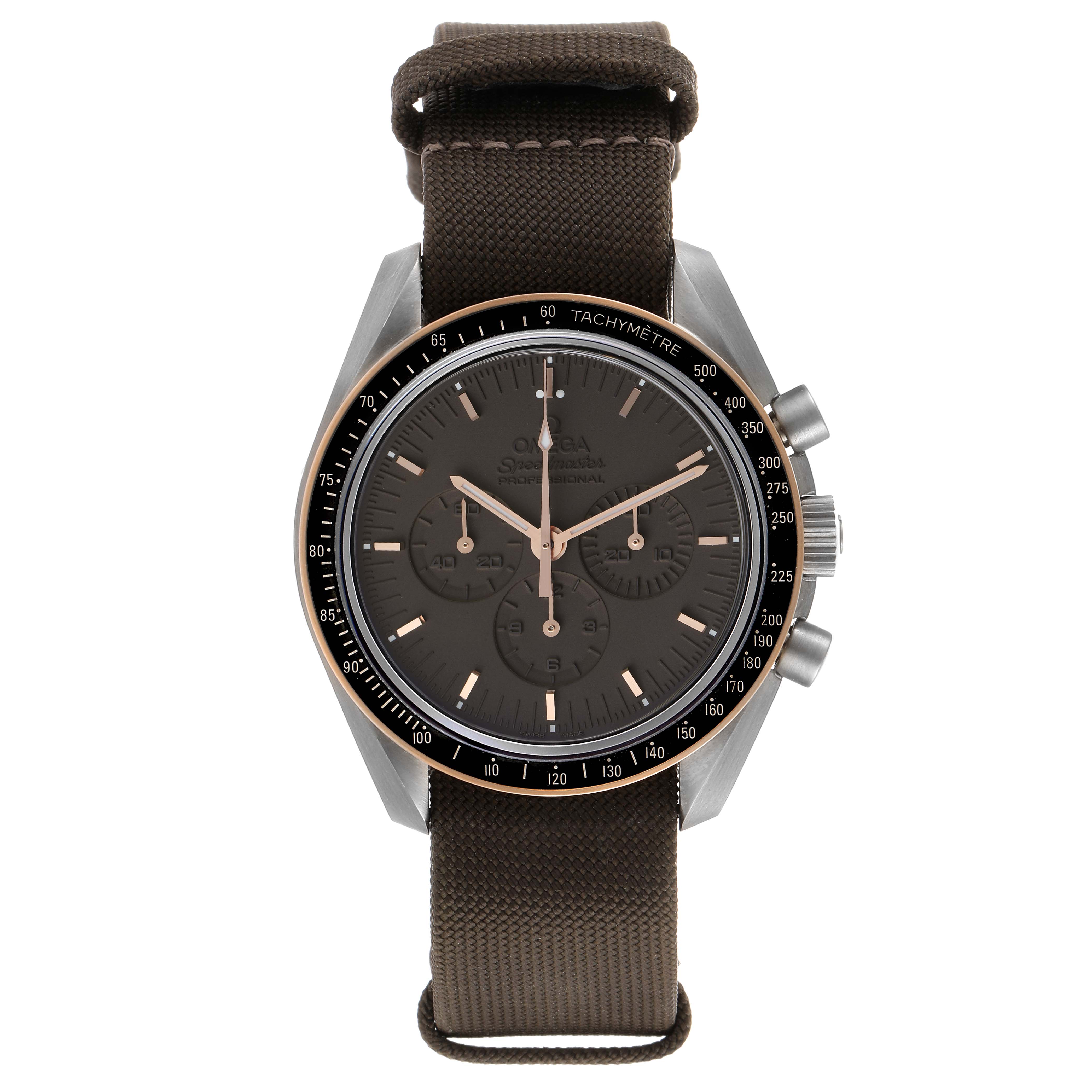 The image shows a front view of an Omega Speedmaster 311.62.42.30.06.001 Men's Titanium Grey Dial 311.62.42.30.06.001 Men's Titanium Grey Dial watch with a black dial and a brown fabric strap.