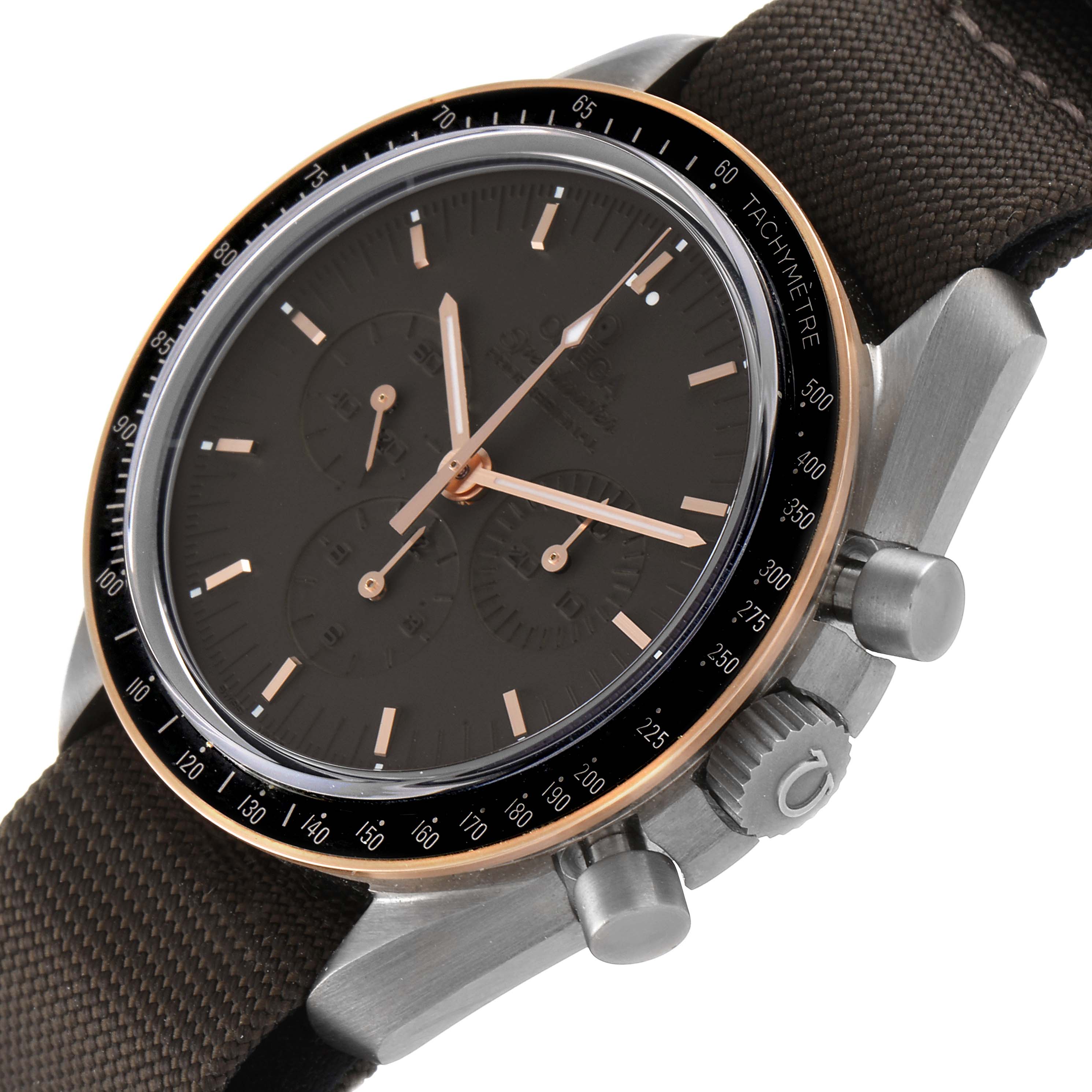 The image shows the Omega Speedmaster 311.62.42.30.06.001 Men's Titanium Grey Dial 311.62.42.30.06.001 Men's Titanium Grey Dial watch at an angle highlighting the dial, tachymeter bezel, pushers, and crown.
