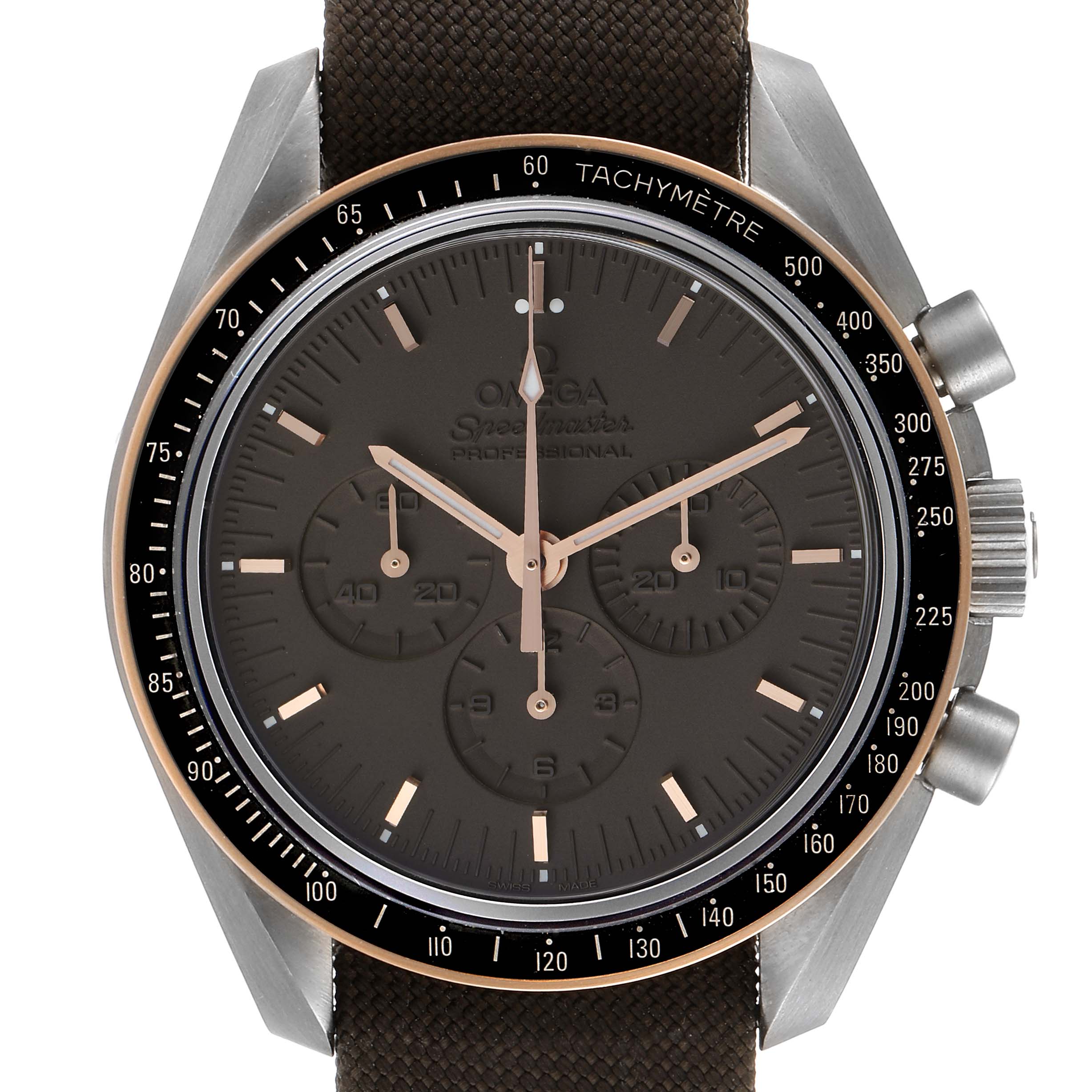 The image shows a frontal view of the Omega Speedmaster 311.62.42.30.06.001 Men's Titanium Grey Dial 311.62.42.30.06.001 Men's Titanium Grey Dial watch, highlighting its dial, bezel, and chronograph sub-dials.