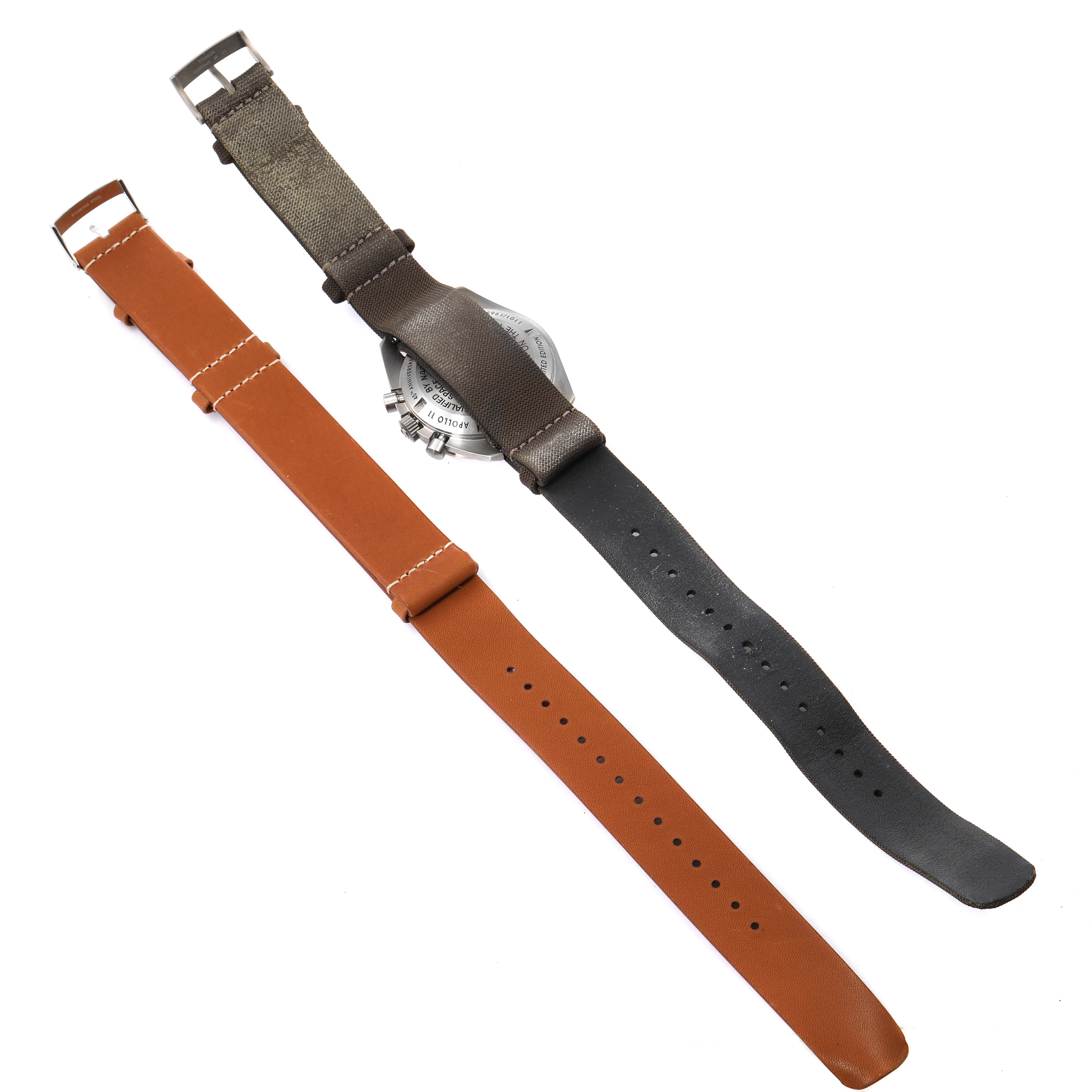 The image shows the back view of an Omega Speedmaster 311.62.42.30.06.001 Men's Titanium Grey Dial 311.62.42.30.06.001 Men's Titanium Grey Dial watch with two additional leather straps.