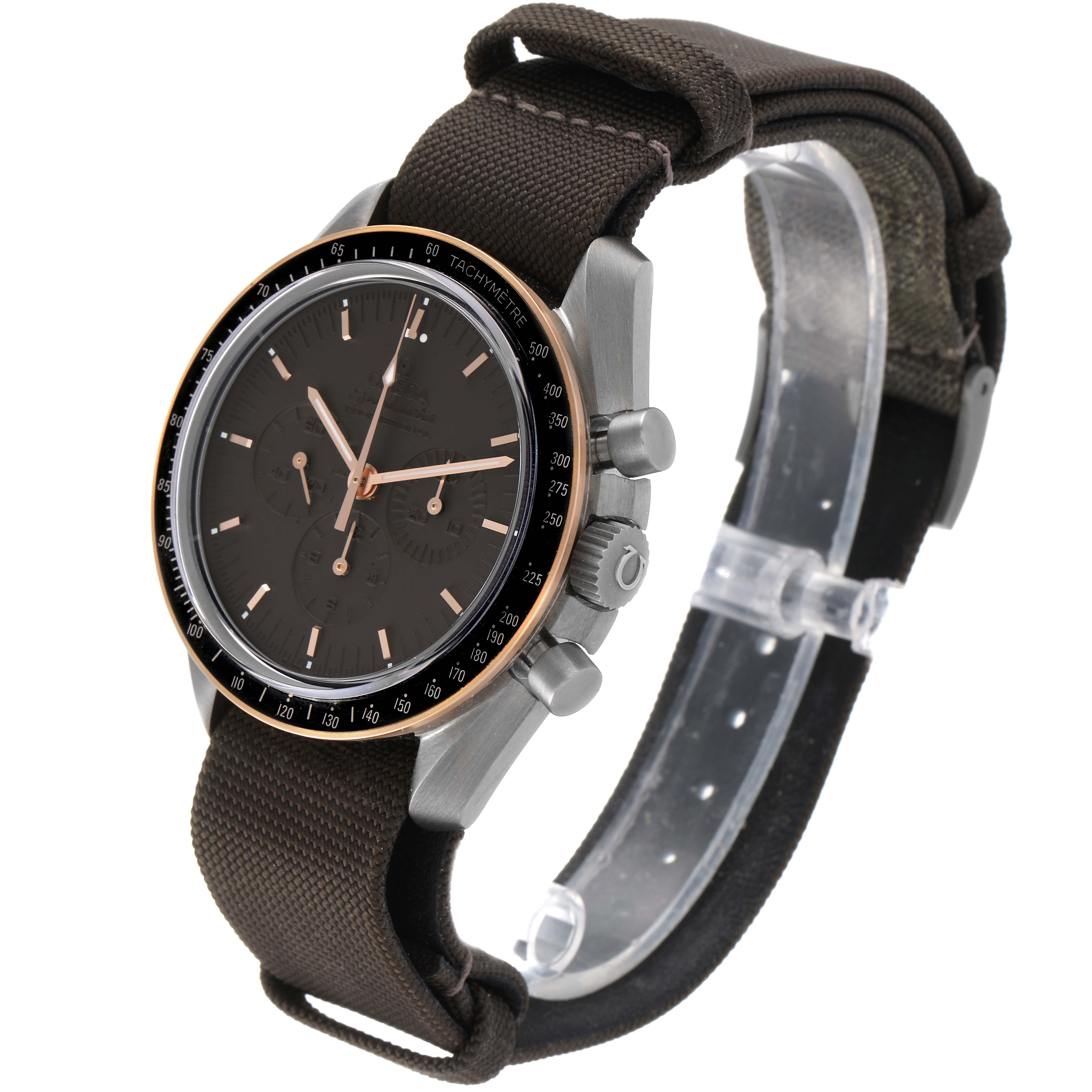 The Omega Speedmaster 311.62.42.30.06.001 Men's Titanium Grey Dial 311.62.42.30.06.001 Men's Titanium Grey Dial watch is shown at an angle highlighting its face, bezel, case, crown, strap, and pushers.