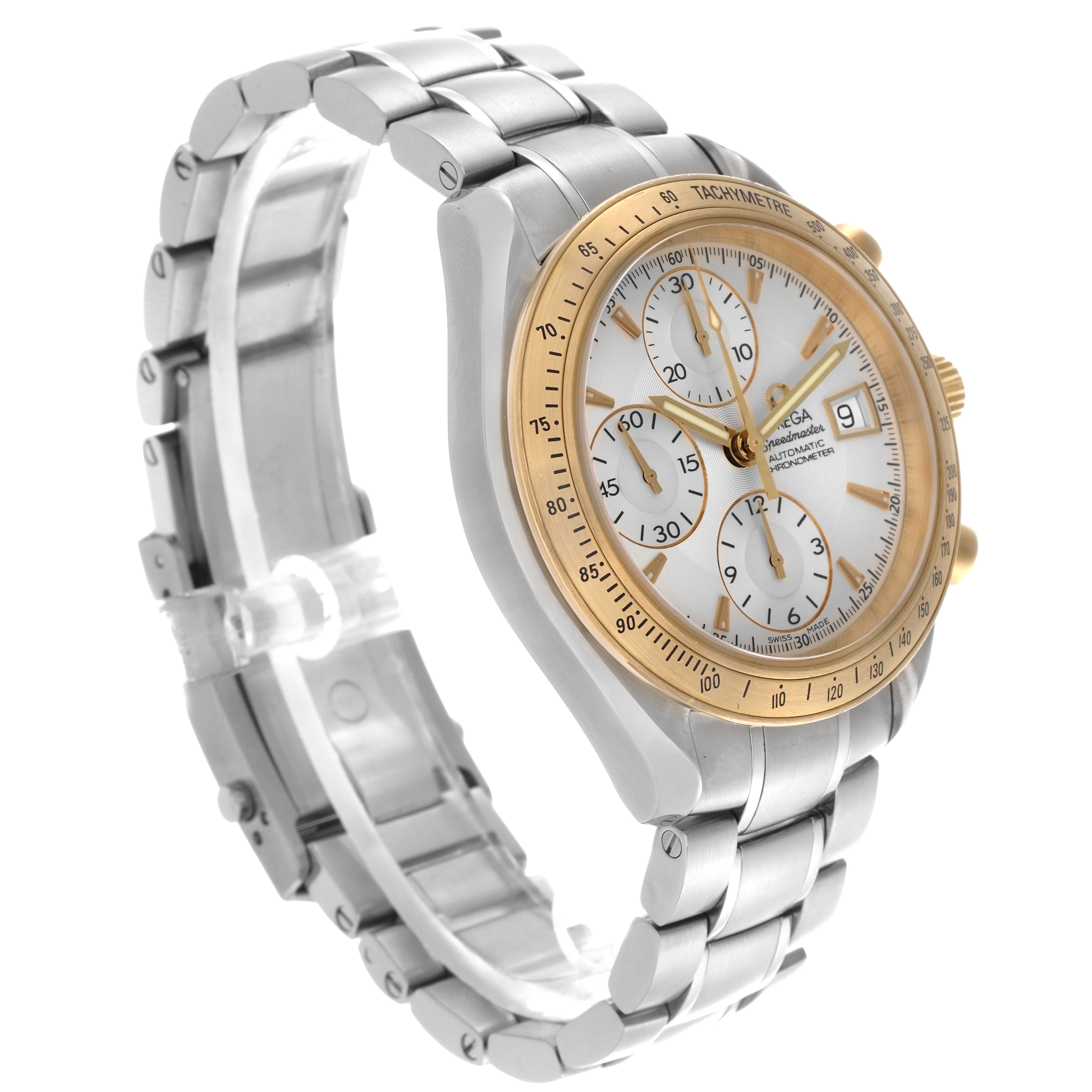 The Omega Speedmaster 323.21.40.40.02.001 Men
s Steel and Gold (two tone) Silver Dial 323.21.40.40.02.001 Men
s Steel and Gold (two tone) Silver Dial watch is shown at a three-quarter angle, highlighting the bezel, face, and bracelet.