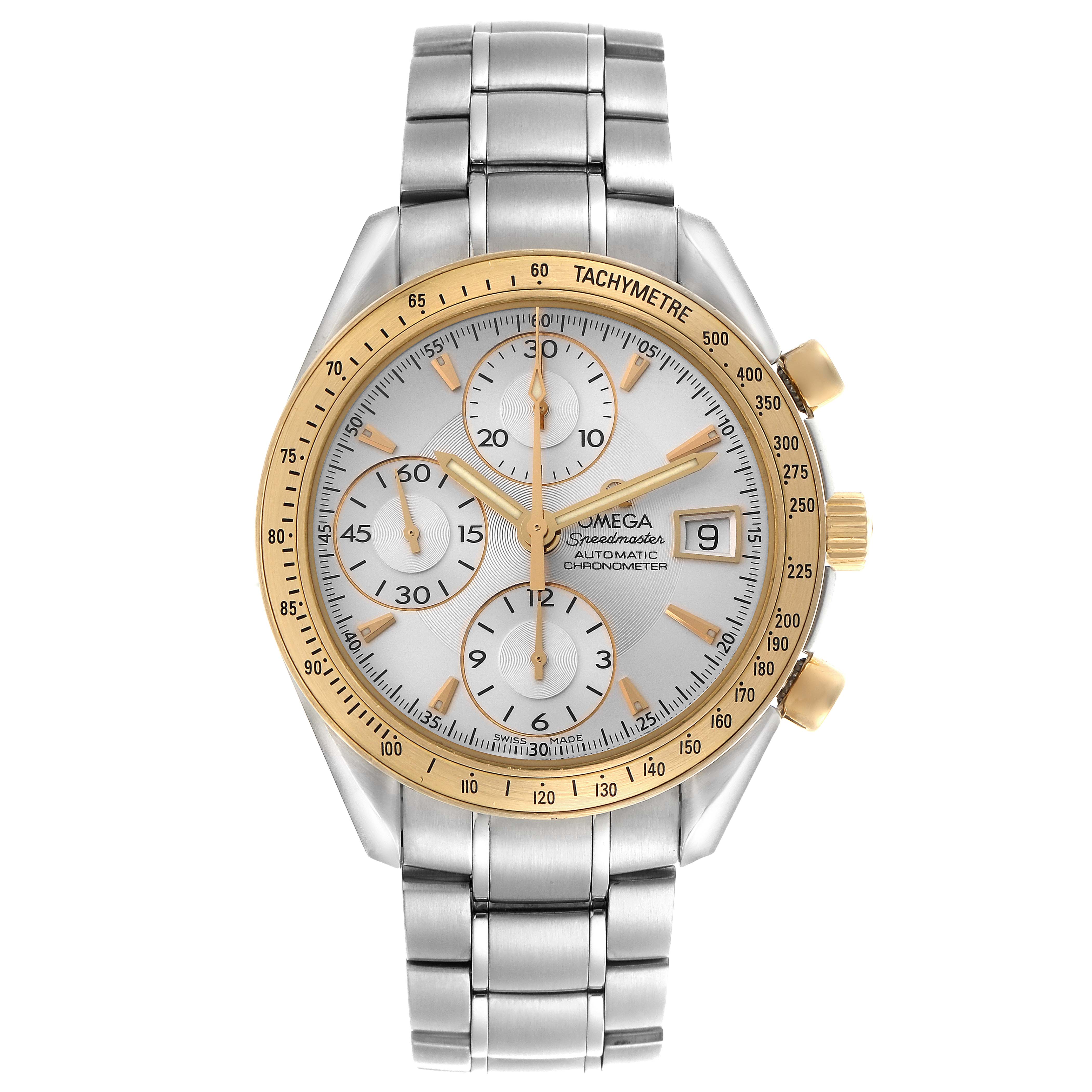The Omega Speedmaster 323.21.40.40.02.001 Men
s Steel and Gold (two tone) Silver Dial 323.21.40.40.02.001 Men
s Steel and Gold (two tone) Silver Dial watch is shown from a front angle, highlighting its dial, tachymeter bezel, chronograph subdials, and bracelet.
