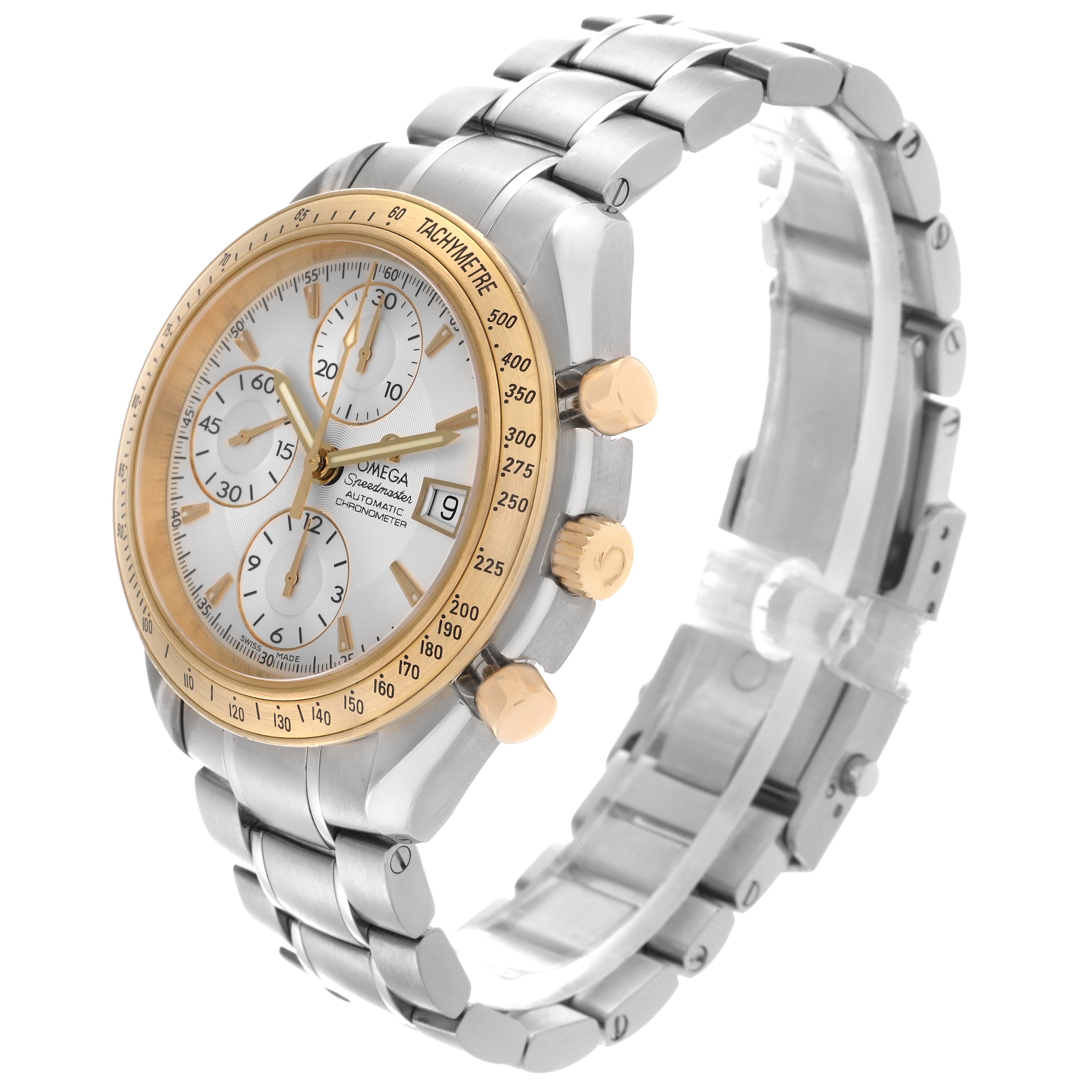 The Omega Speedmaster 323.21.40.40.02.001 Men
s Steel and Gold (two tone) Silver Dial 323.21.40.40.02.001 Men
s Steel and Gold (two tone) Silver Dial is shown at a three-quarter angle, highlighting the bezel, dial, subdials, crown, and bracelet.