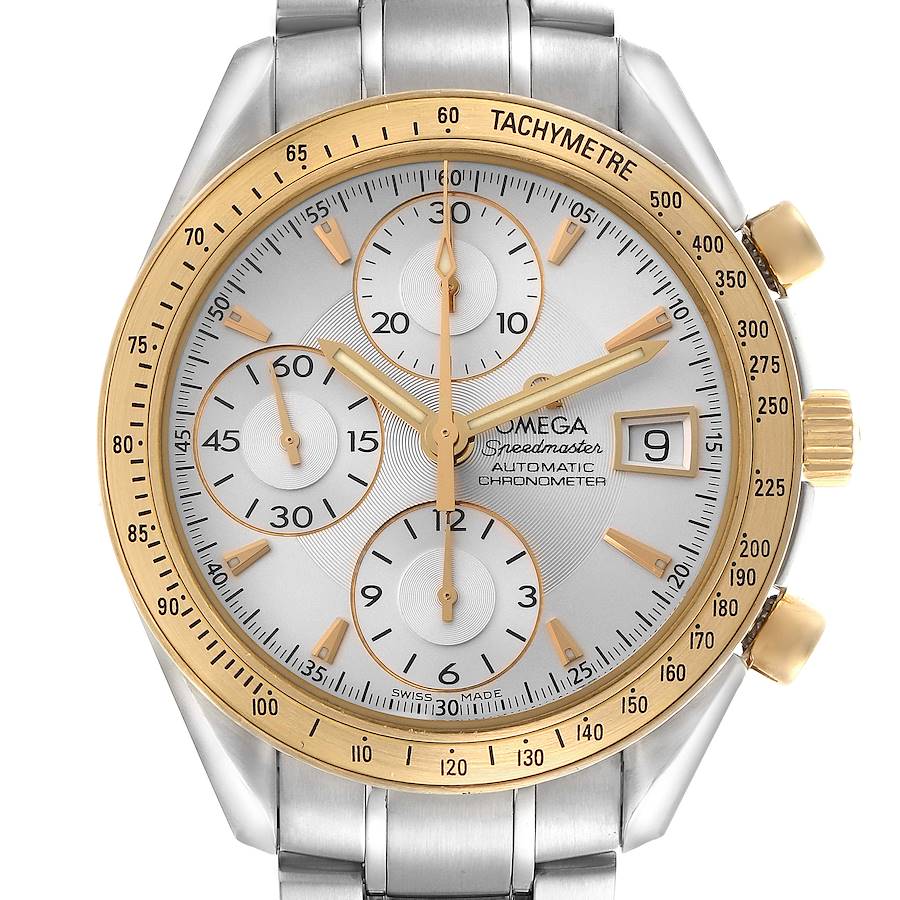 The Omega Speedmaster is shown from the front, featuring a gold tachymeter bezel, subdials, and date display.