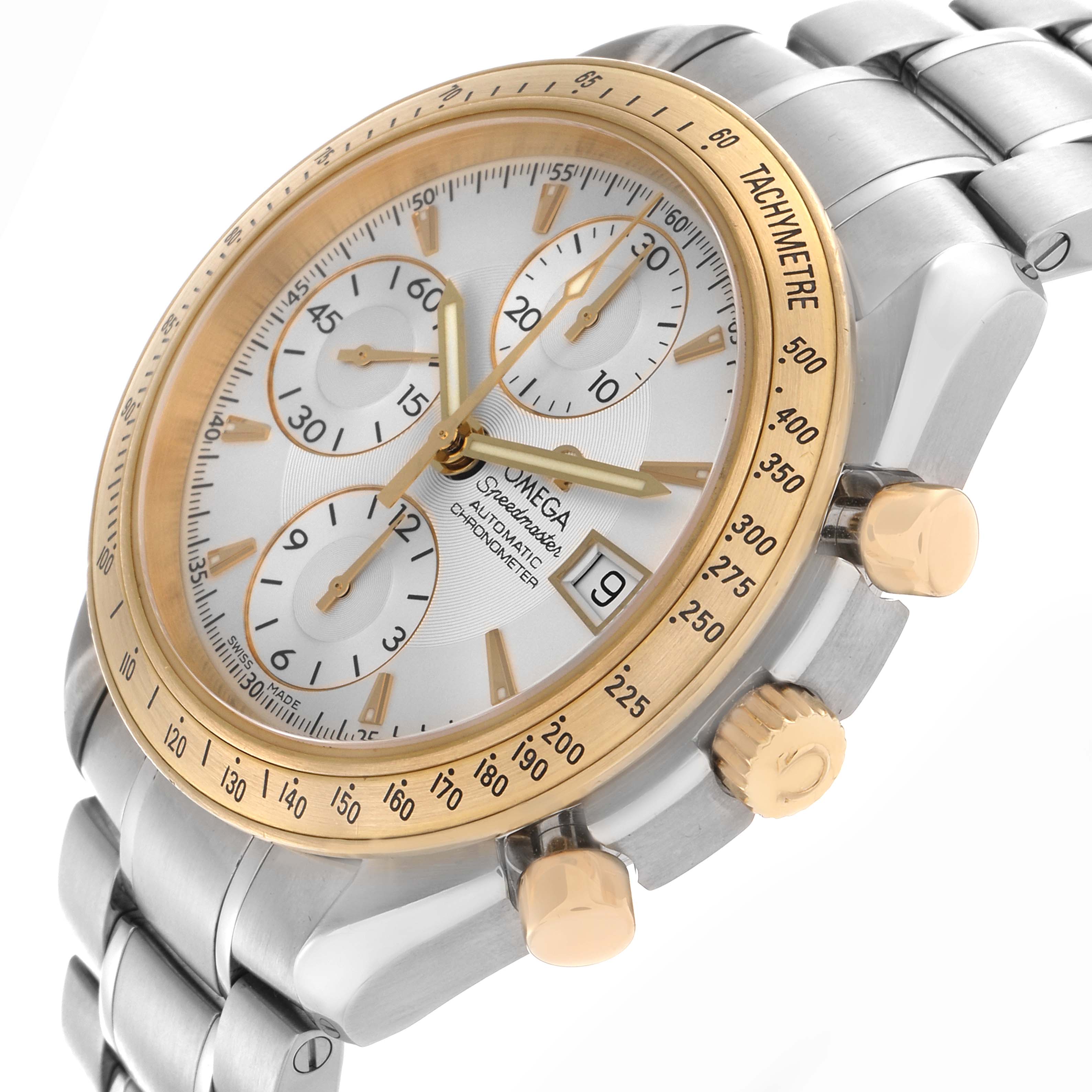 The Omega Speedmaster 323.21.40.40.02.001 Men
s Steel and Gold (two tone) Silver Dial 323.21.40.40.02.001 Men
s Steel and Gold (two tone) Silver Dial watch is shown at an angled close-up, highlighting the dial, tachymeter bezel, and pushers.