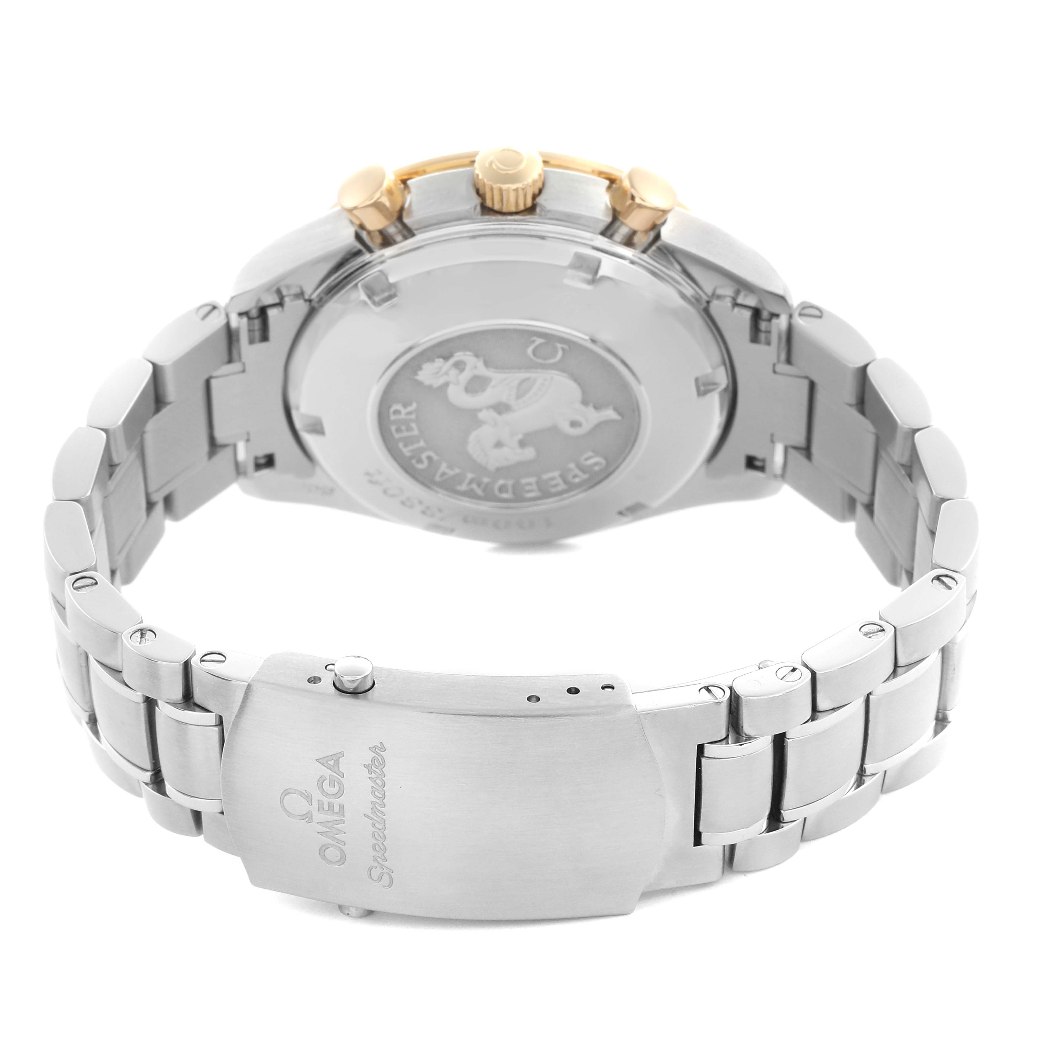 The image shows the back of the Omega Speedmaster 323.21.40.40.02.001 Men
s Steel and Gold (two tone) Silver Dial 323.21.40.40.02.001 Men
s Steel and Gold (two tone) Silver Dial watch and its clasp, highlighting the case back and bracelet.