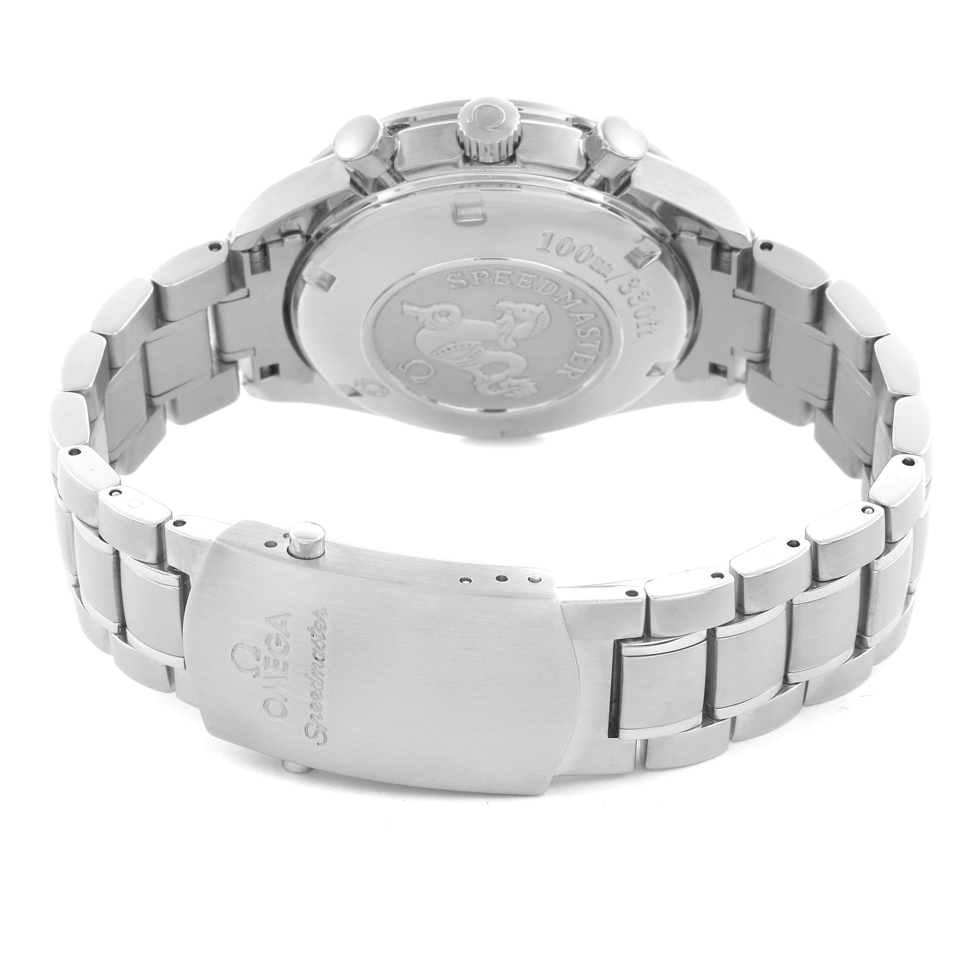 The image shows the back and clasp of an Omega Speedmaster 323.10.40.40.02.001 Men
s Stainless Steel Silver Dial 323.10.40.40.02.001 Men
s Stainless Steel Silver Dial watch, highlighting the engraved case back and metal bracelet.