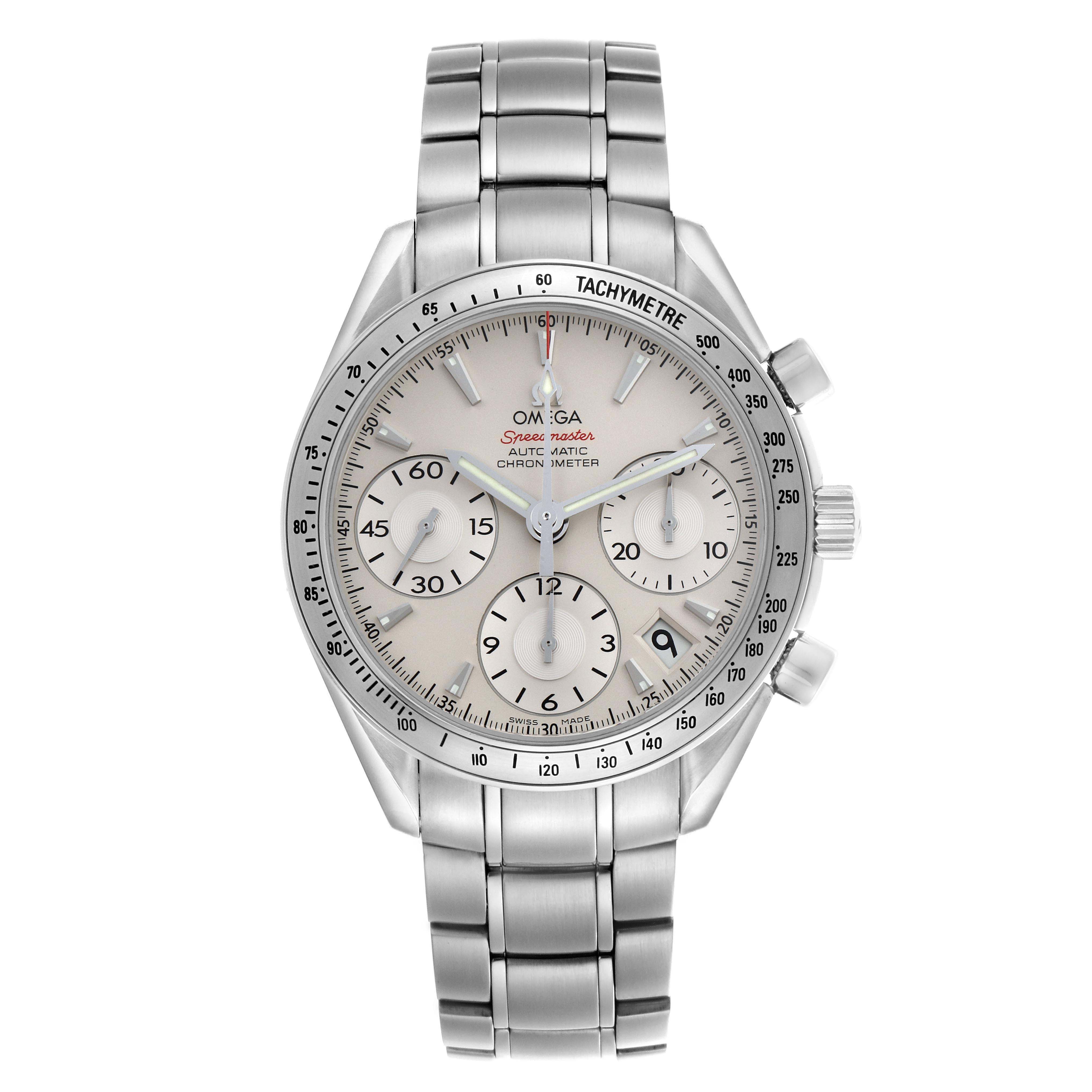 The Omega Speedmaster 323.10.40.40.02.001 Men
s Stainless Steel Silver Dial 323.10.40.40.02.001 Men
s Stainless Steel Silver Dial watch is shown from the front, displaying its face, bezel, and bracelet.