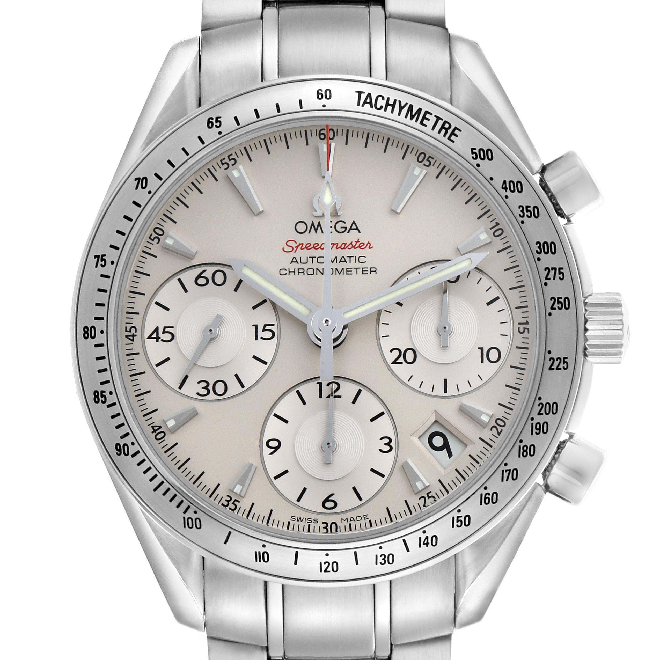 The Omega Speedmaster 323.10.40.40.02.001 Men
s Stainless Steel Silver Dial 323.10.40.40.02.001 Men
s Stainless Steel Silver Dial watch is shown from a front angle, highlighting its tachymeter bezel and chronograph subdials.