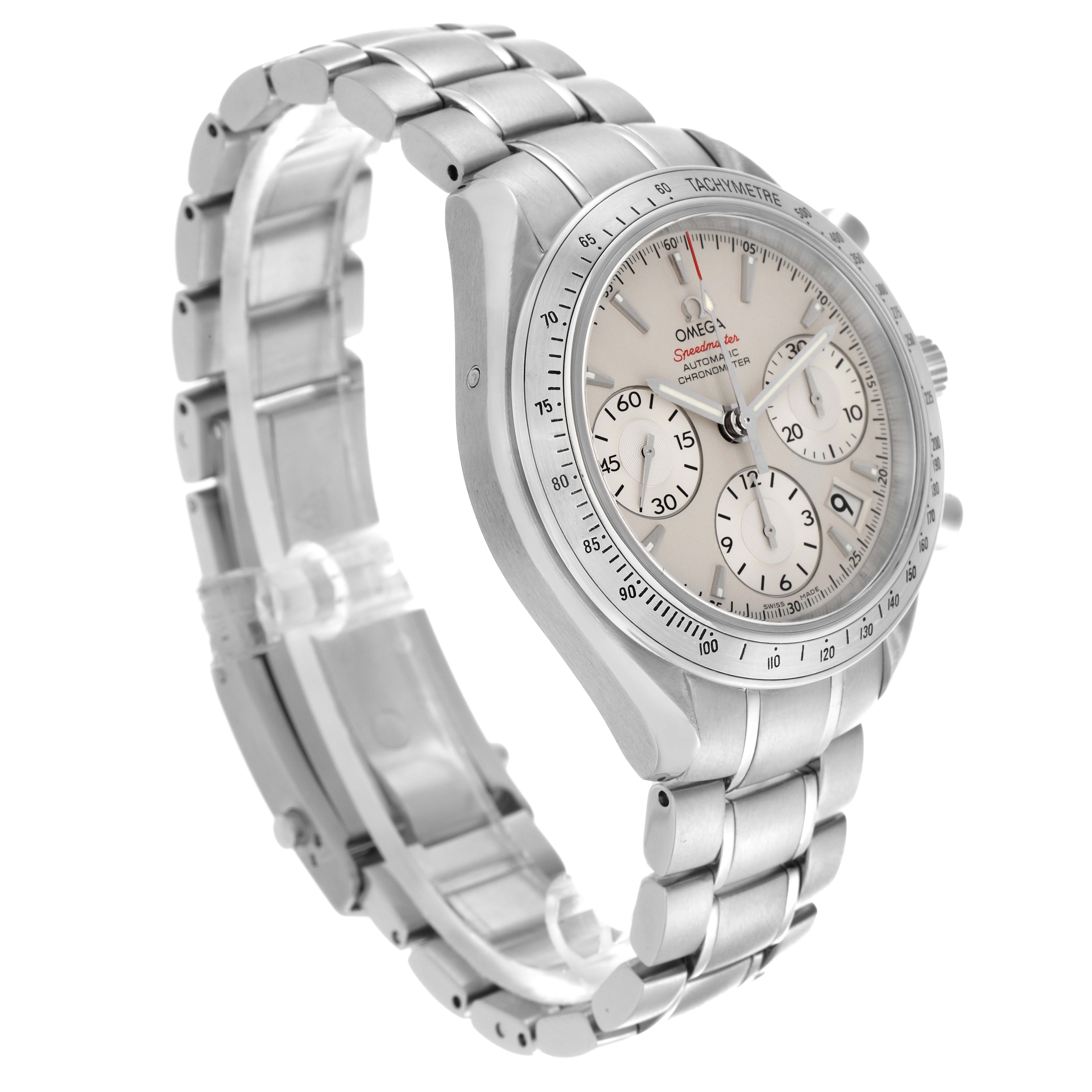 The Omega Speedmaster 323.10.40.40.02.001 Men
s Stainless Steel Silver Dial 323.10.40.40.02.001 Men
s Stainless Steel Silver Dial watch is shown at a three-quarter angle, highlighting the dial, bracelet, and tachymeter bezel.