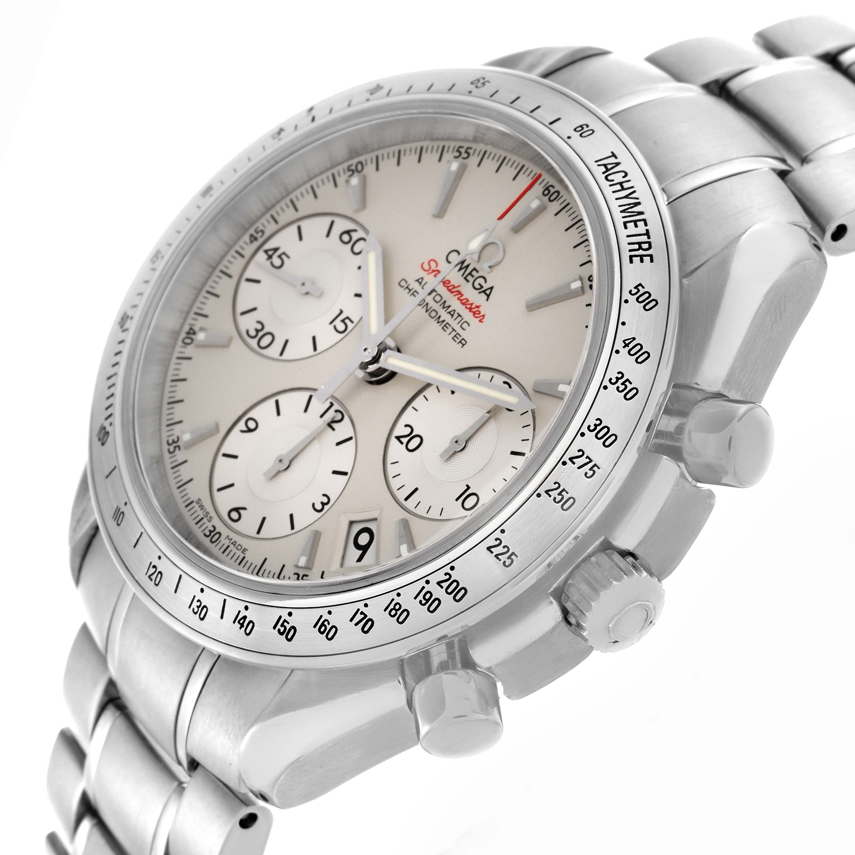 The Omega Speedmaster 323.10.40.40.02.001 Men
s Stainless Steel Silver Dial 323.10.40.40.02.001 Men
s Stainless Steel Silver Dial watch is shown from a three-quarter angle highlighting the dial, bezel, crown, and stainless steel bracelet.