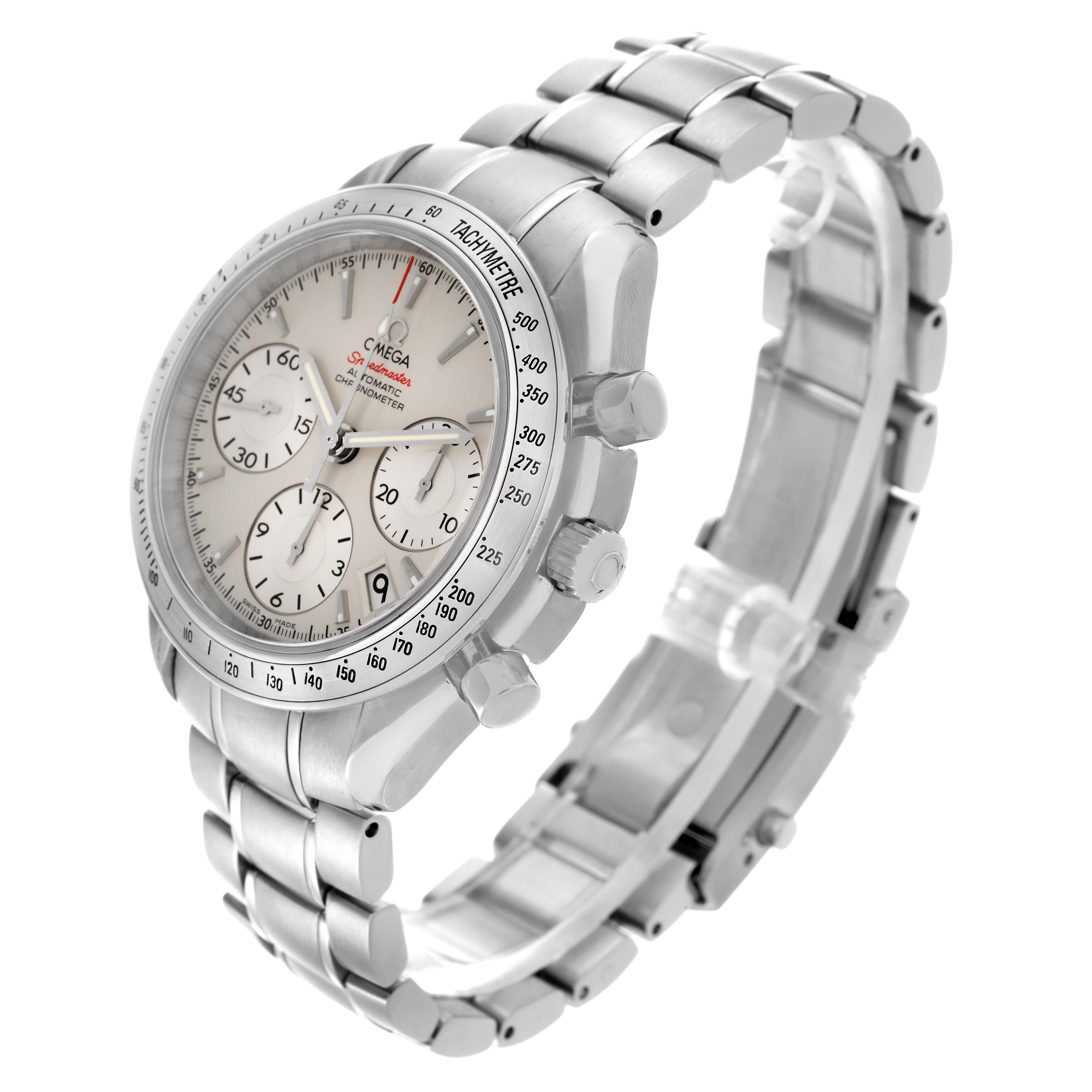 The Omega Speedmaster 323.10.40.40.02.001 Men
s Stainless Steel Silver Dial 323.10.40.40.02.001 Men
s Stainless Steel Silver Dial watch is shown at a three-quarter angle, highlighting the face, tachymeter bezel, pushers, and bracelet.