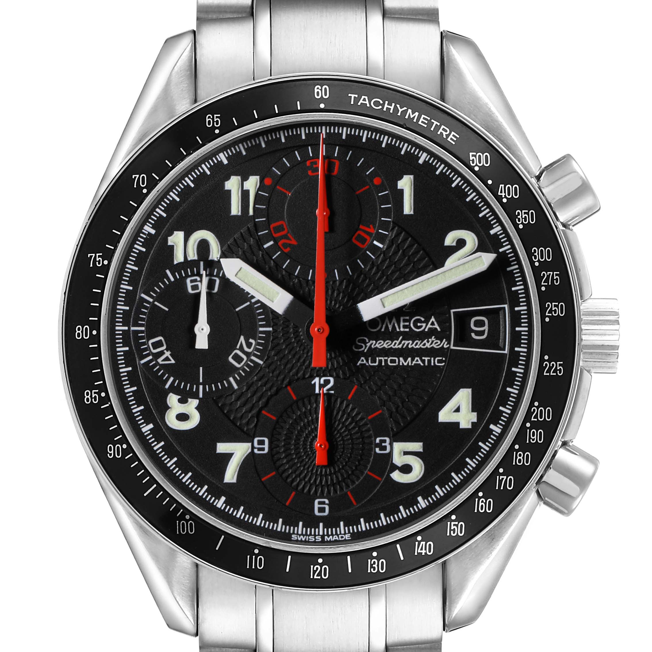 The Omega Speedmaster 3813.53.26 Men's Stainless Steel Black Dial watch is shown from a frontal angle, highlighting its dial, subdials, hands, pushers, and tachymeter bezel.