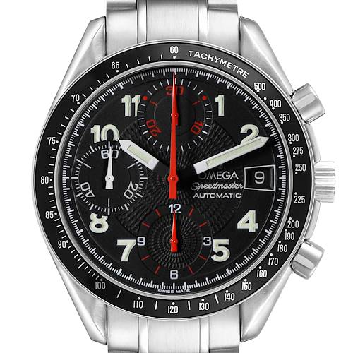 The Omega Speedmaster 3813.53.26 Men's Stainless Steel Black Dial watch is shown from a front angle, highlighting its dial, tachymeter, and steel bracelet.
