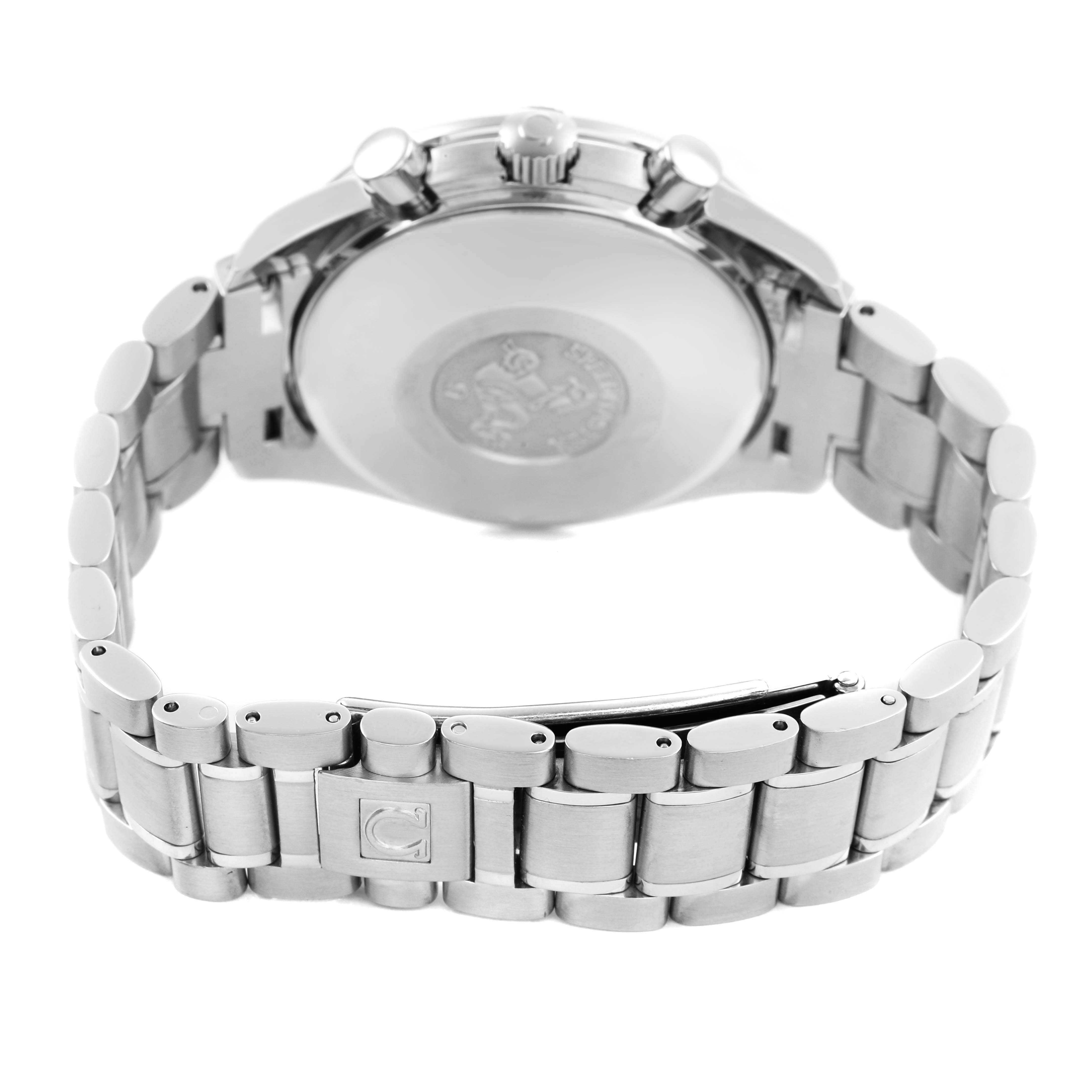 The Omega Speedmaster 3813.53.26 Men's Stainless Steel Black Dial watch is shown from the back, highlighting the stainless steel bracelet and clasp.