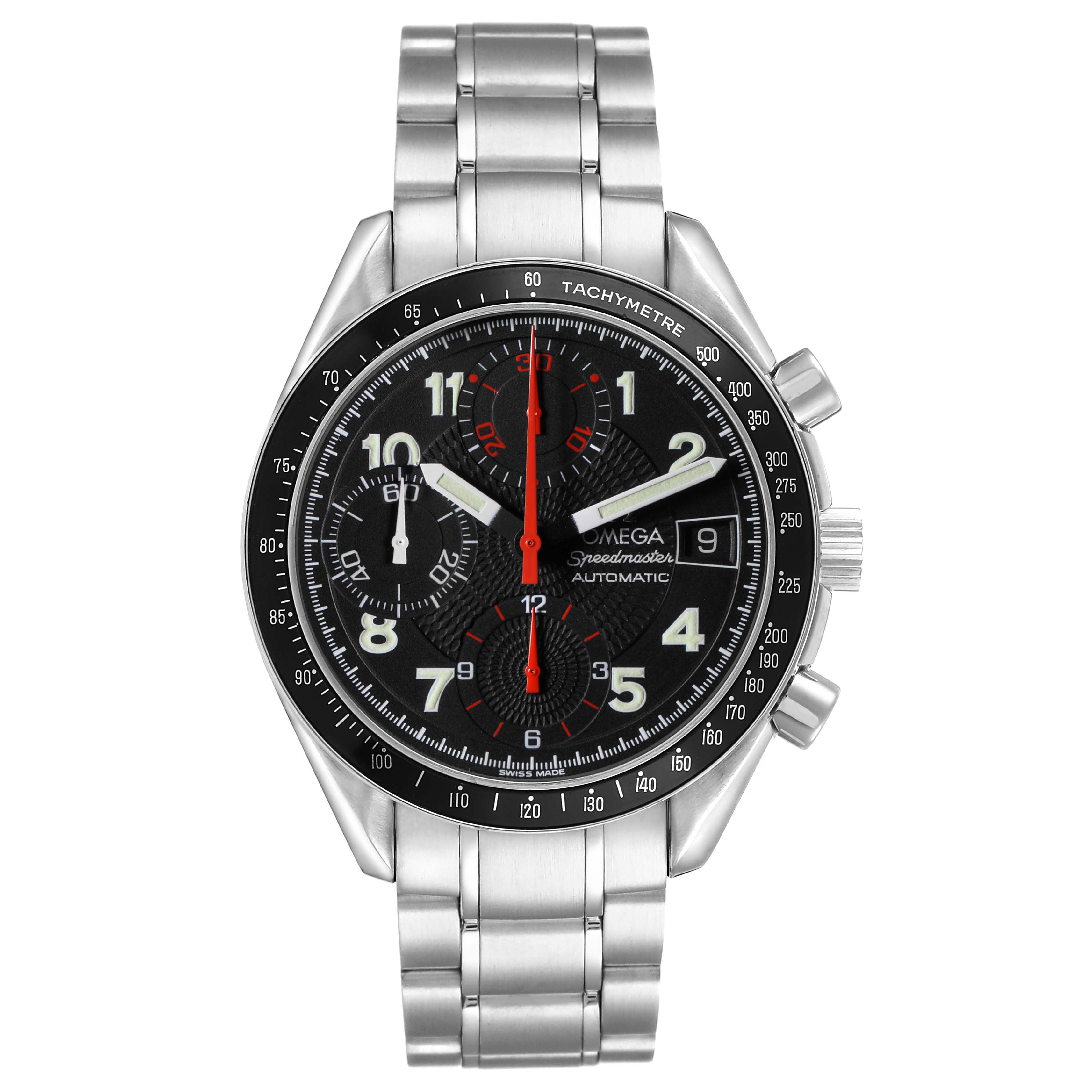 The Omega Speedmaster 3813.53.26 Men's Stainless Steel Black Dial watch is shown from the front, displaying its face, tachymeter bezel, and metal bracelet.