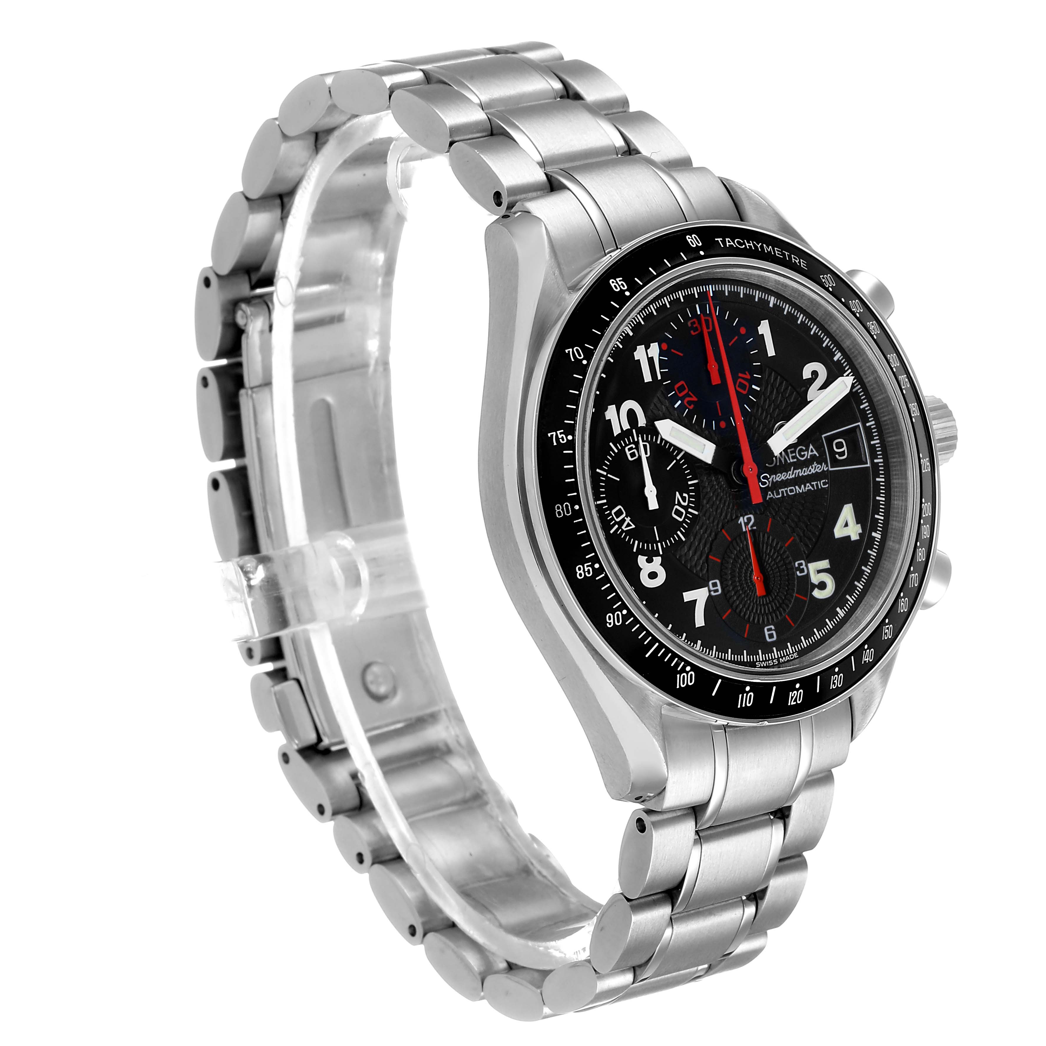 The Omega Speedmaster 3813.53.26 Men's Stainless Steel Black Dial watch is shown at a three-quarter angle, highlighting the dial, bezel, and metal bracelet.