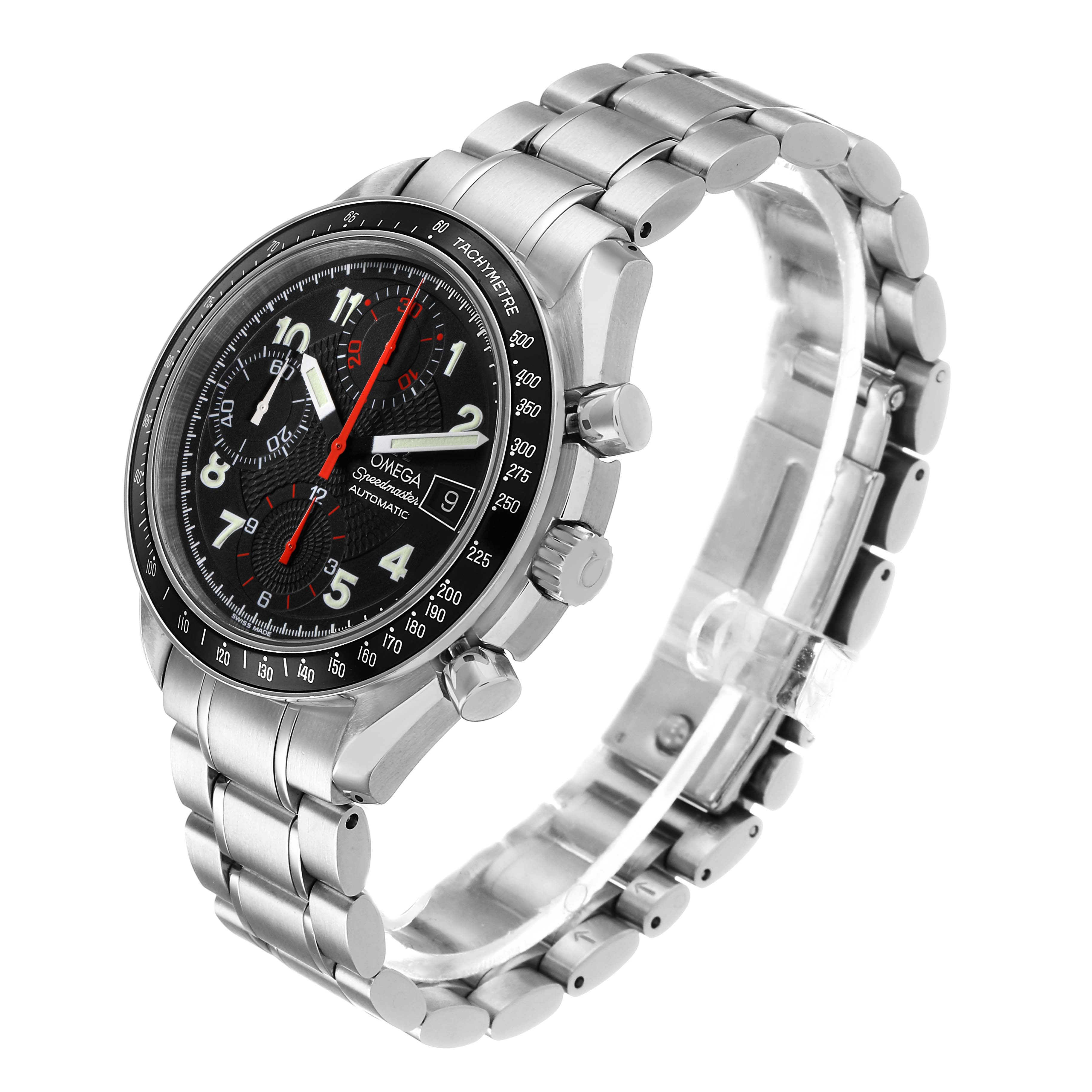 The Omega Speedmaster 3813.53.26 Men's Stainless Steel Black Dial watch is shown from a three-quarter angle, displaying the case, bezel, bracelet, and crown.