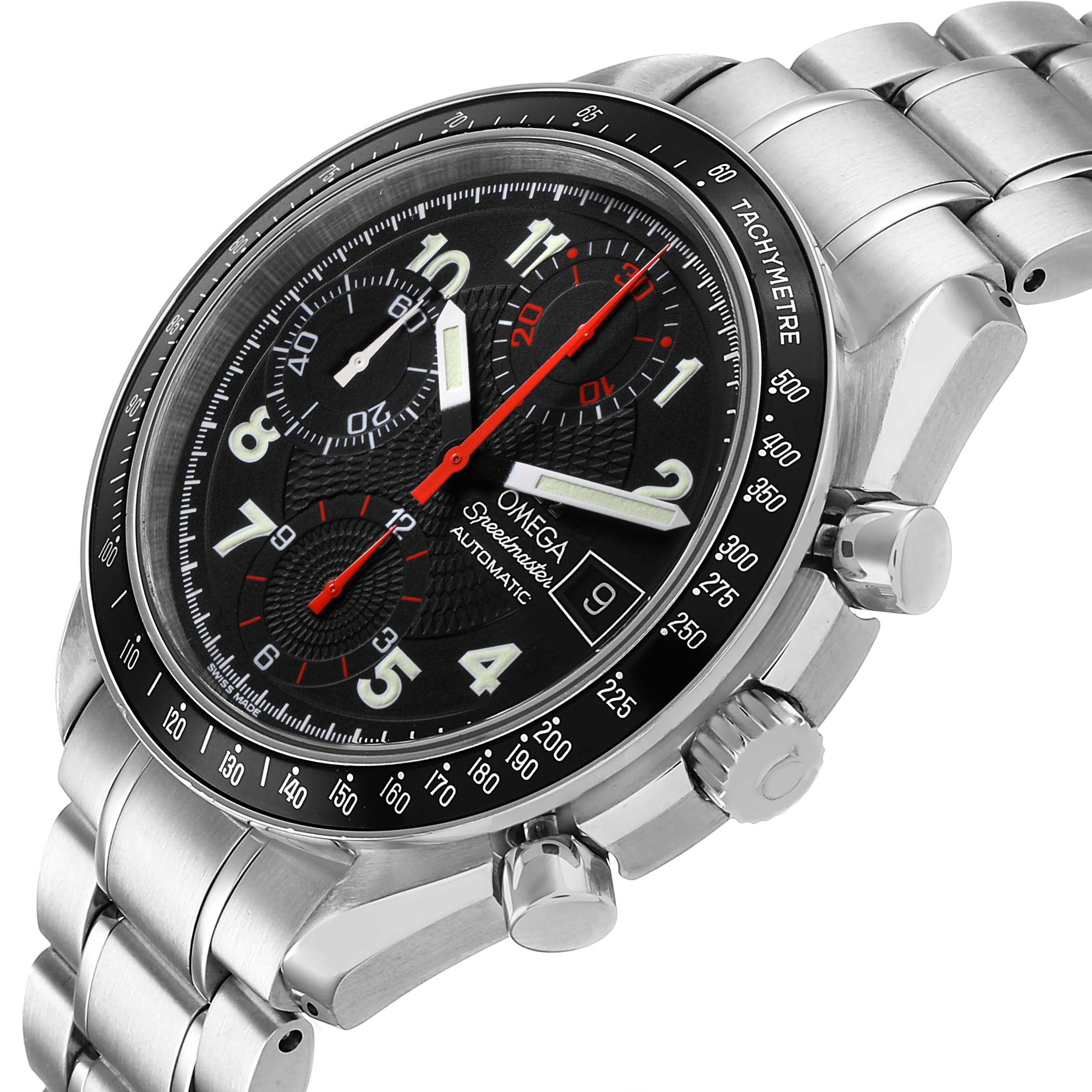 The Omega Speedmaster 3813.53.26 Men's Stainless Steel Black Dial watch is shown at an angled close-up, displaying the face, tachymeter, crown, and pushers.